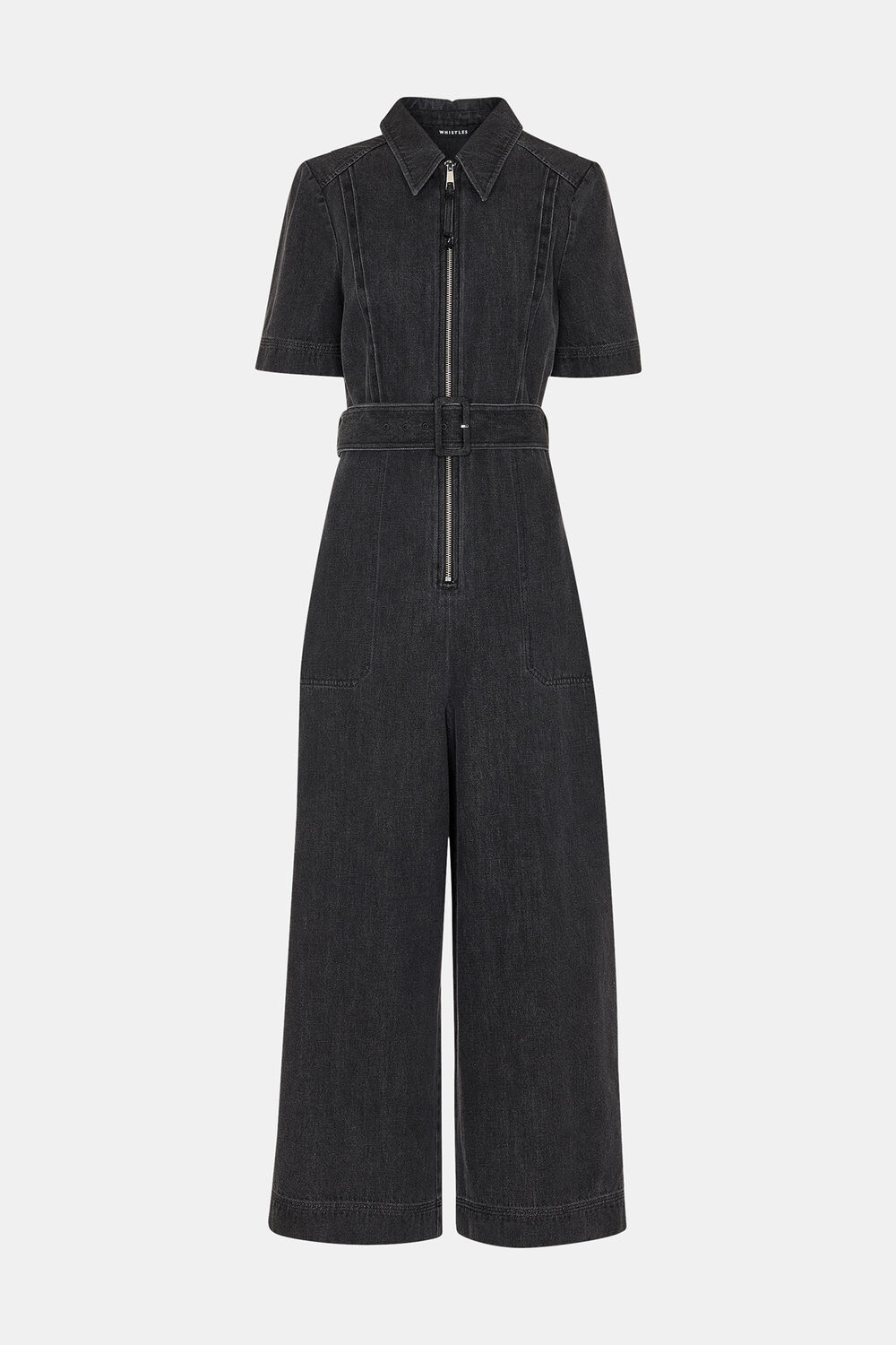 Denim Pintuck Belted Jumpsuit