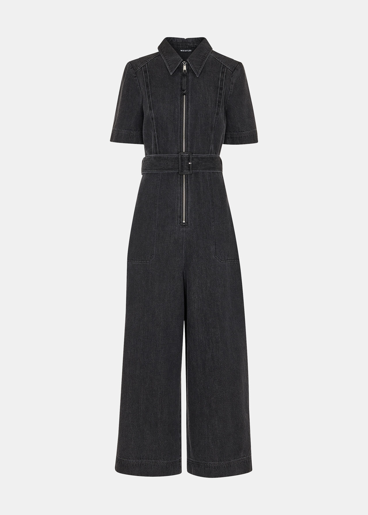 Denim Pintuck Belted Jumpsuit