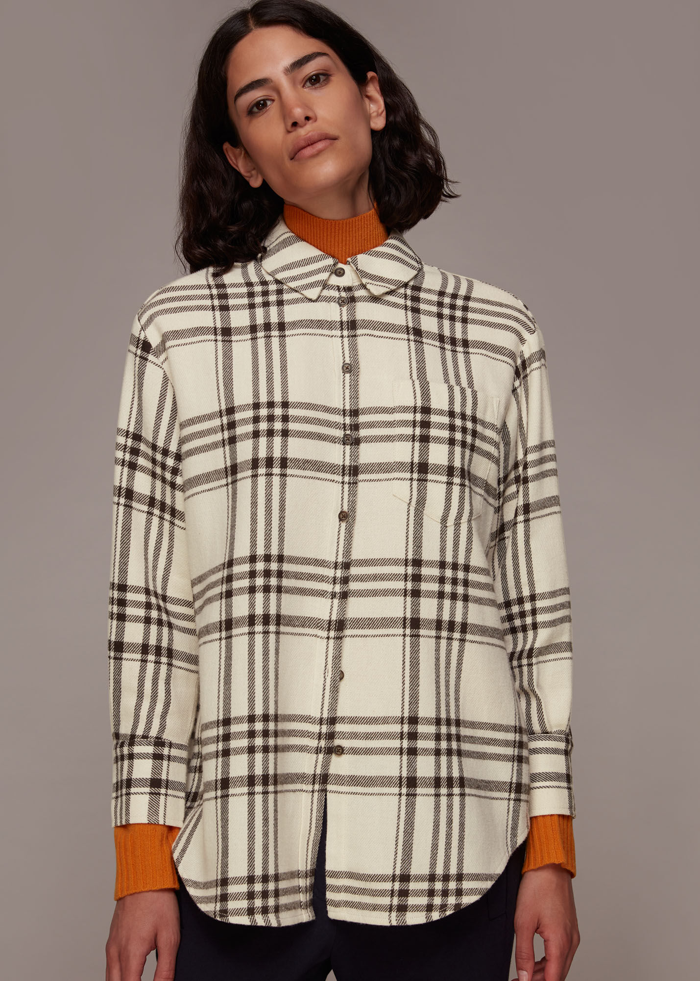 Check Shirt Girl Cotton Blouse Tops Ruffle Collar Long