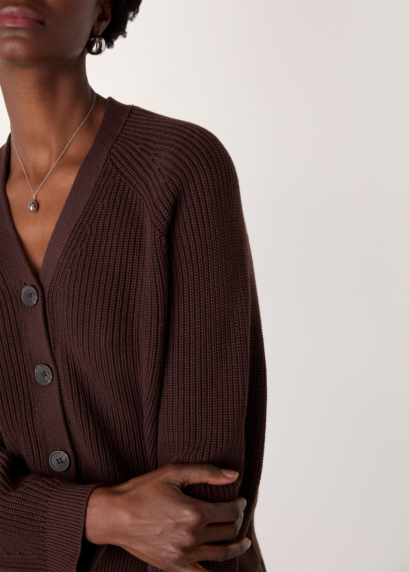 Brown V Neck Cotton Cardigan | WHISTLES | Whistles UK |