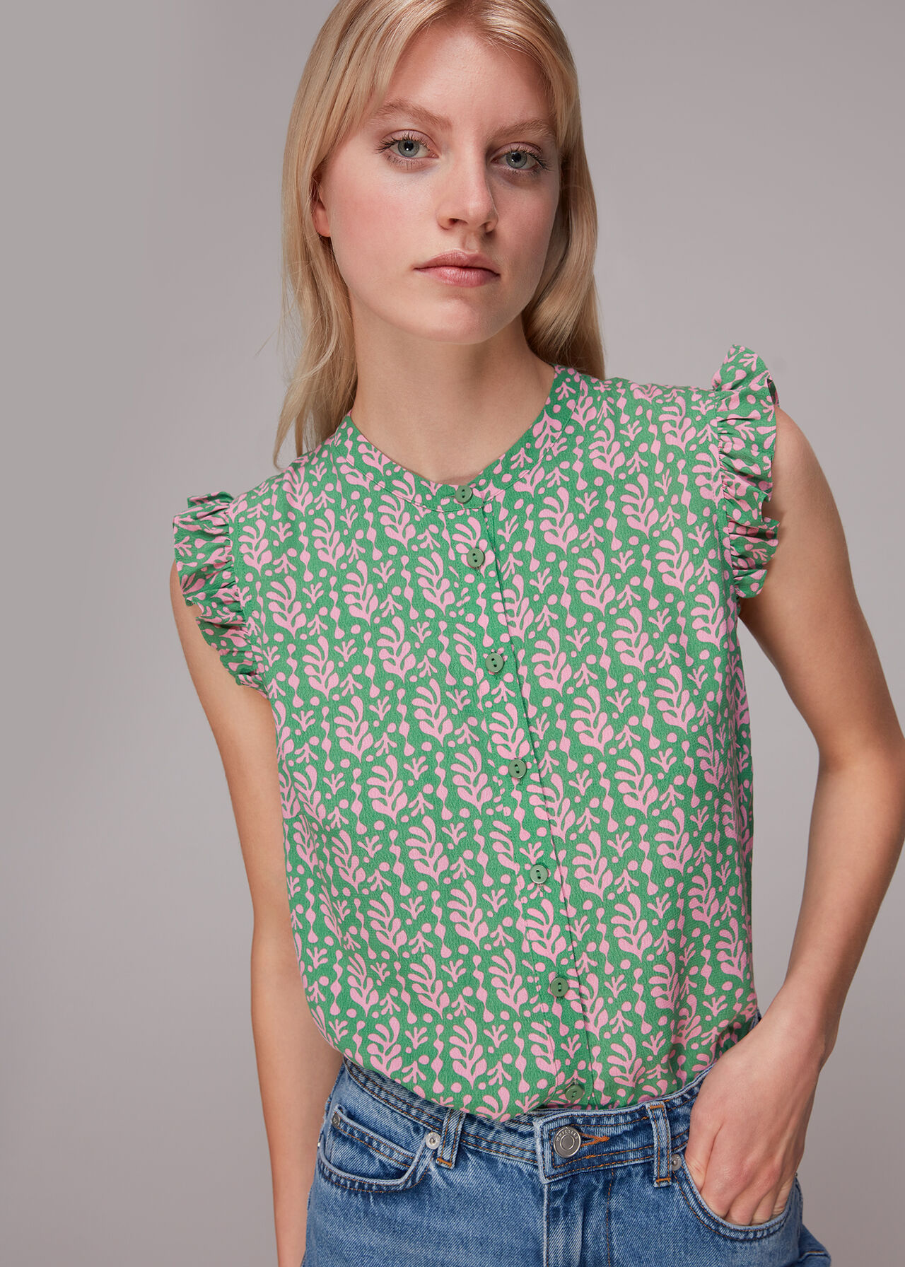 Green/Multi Cut Out Leaf Frill Blouse | WHISTLES | Whistles UK