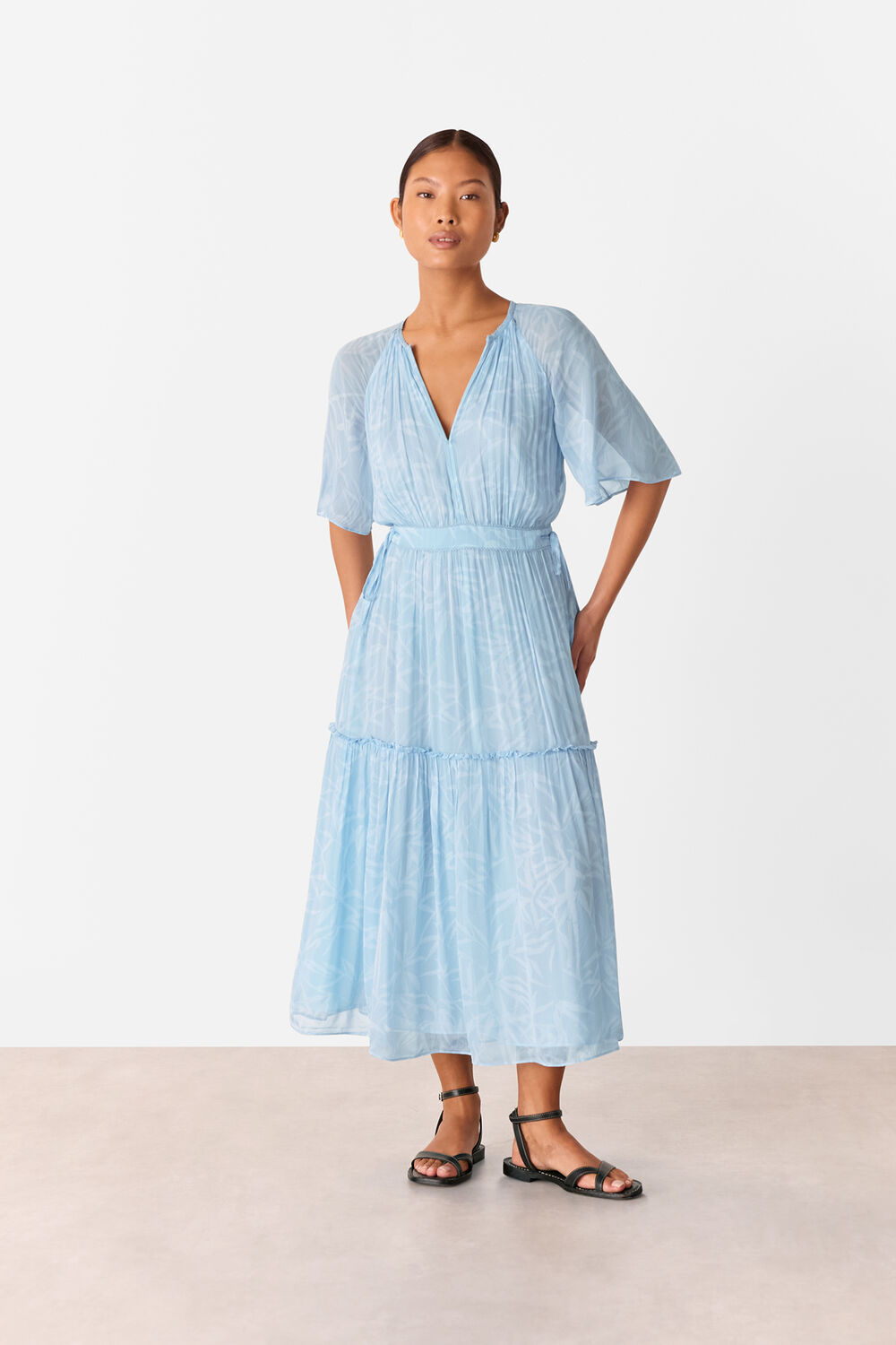 Blue Petite Bamboo Leaves Gathered Dress