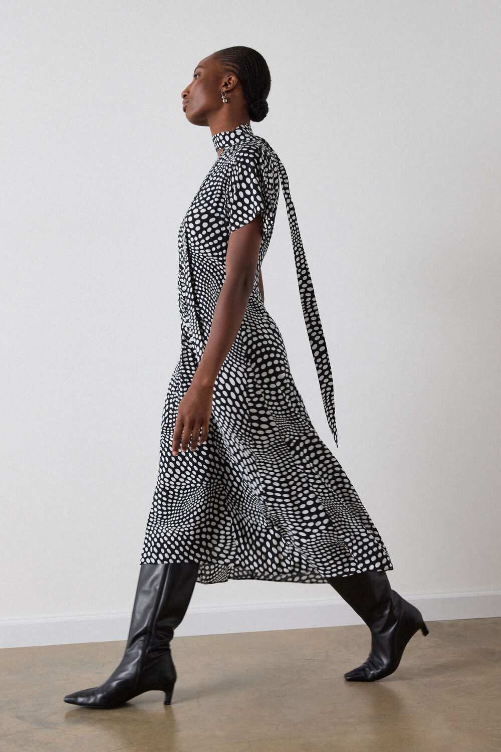 Black Petite Mixed Spot V Neck Midi Dress