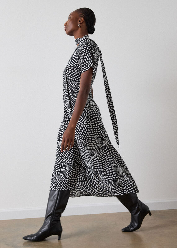 Black Petite Mixed Spot V Neck Midi Dress