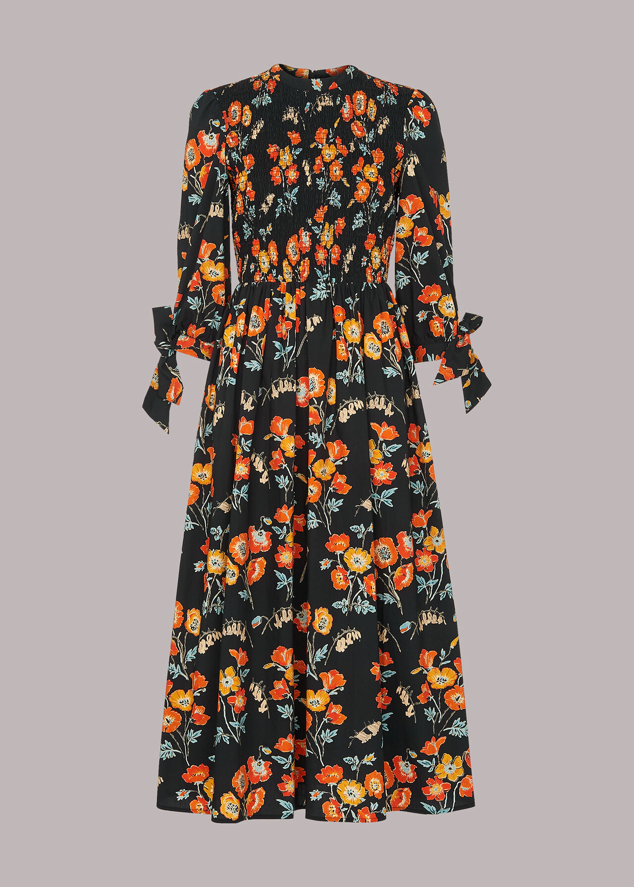 Shirred Floral Midi Dress