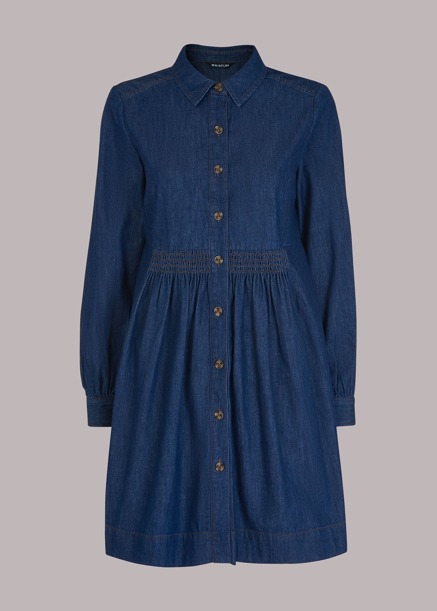 Short Sleeve Chambray Denim Dress W/ Smocked Waist main image 1