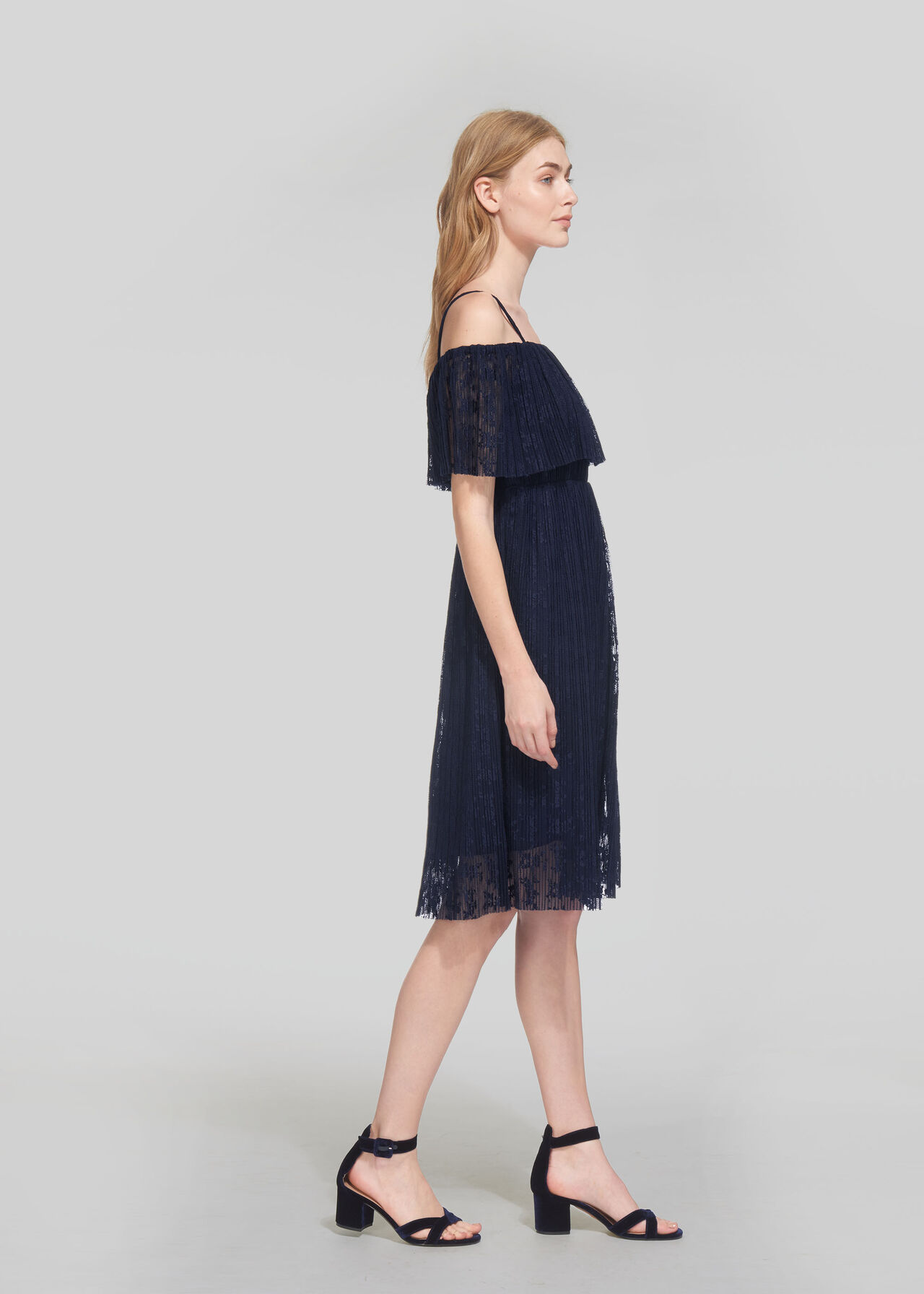 Off Shoulder Pleated Dress Navy