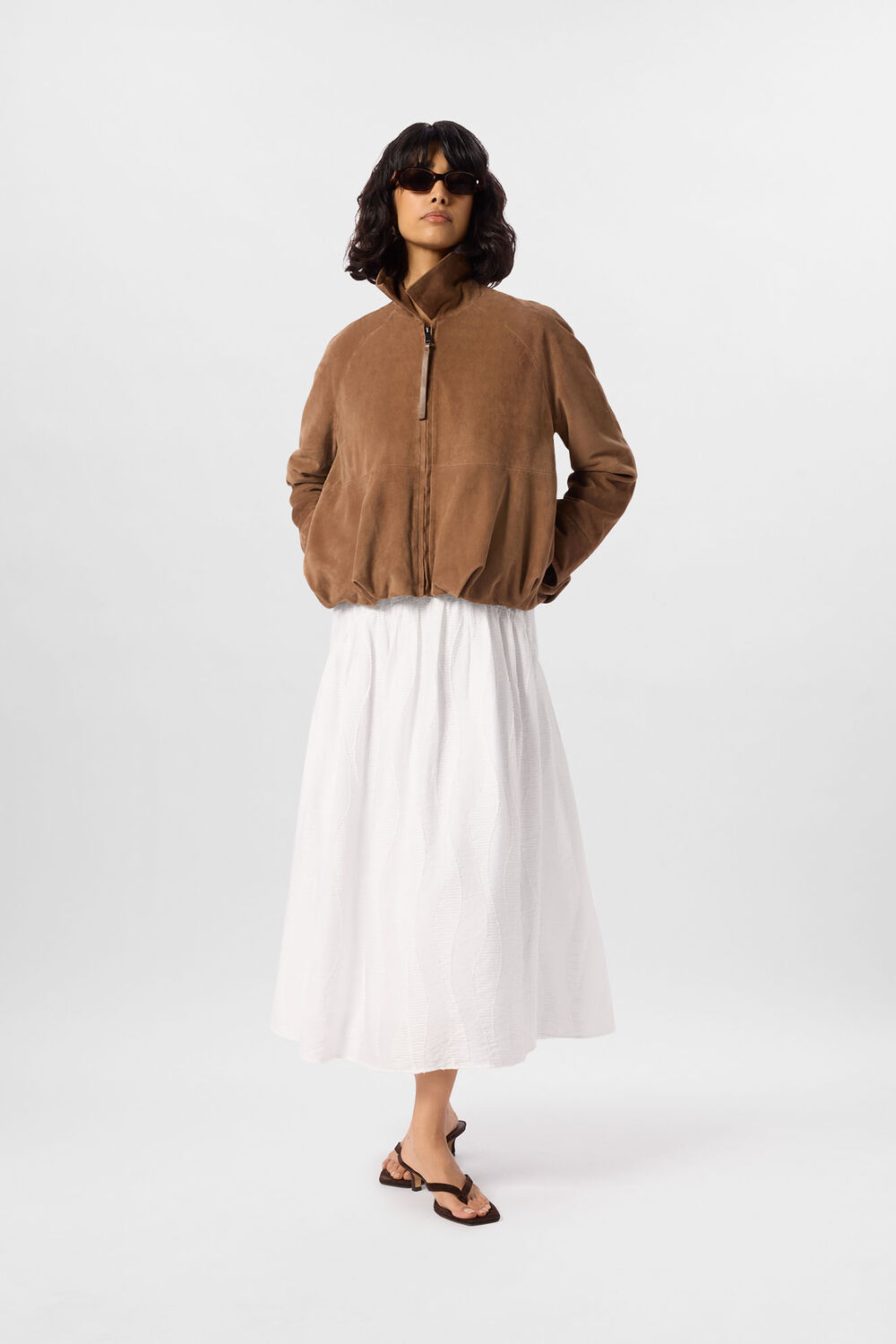 White Textured Drop Waist Midi Dress