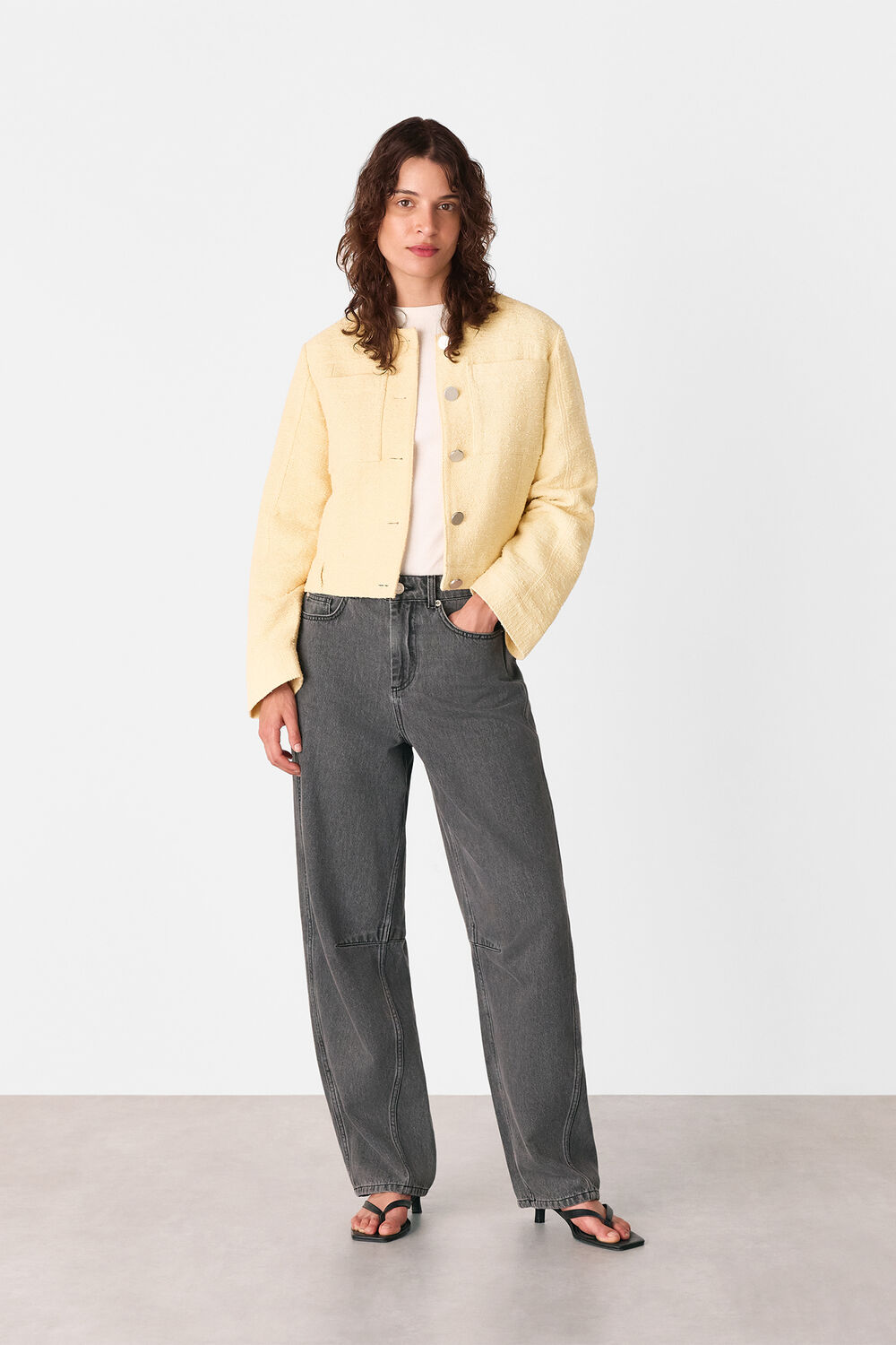 Yellow Textured Collarless Jacket