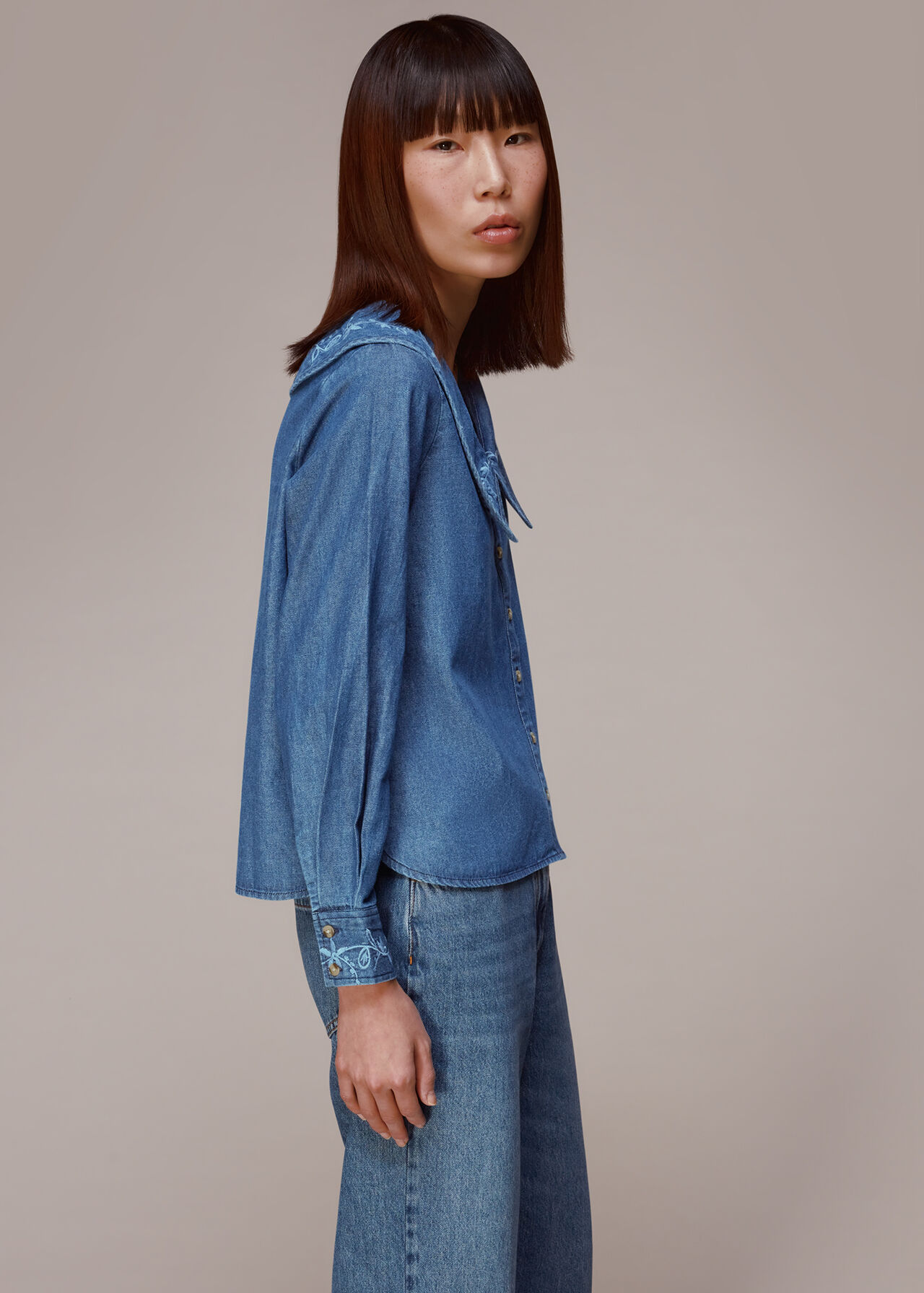 Embroidered Collar Denim Top