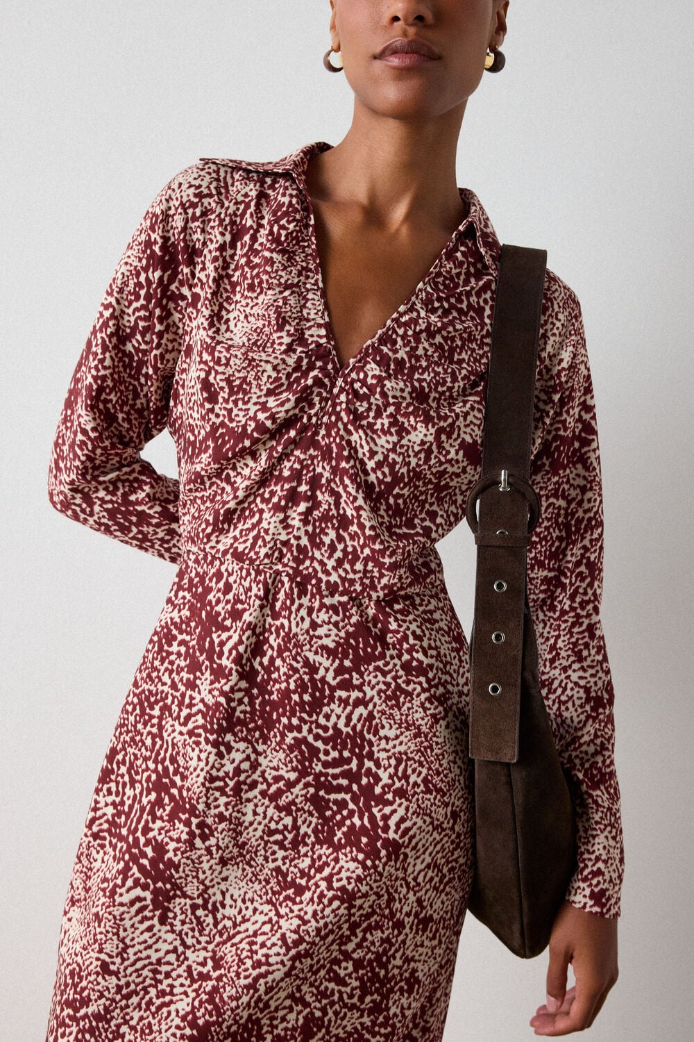 Burgundy Feathered Animal Shirt Dress
