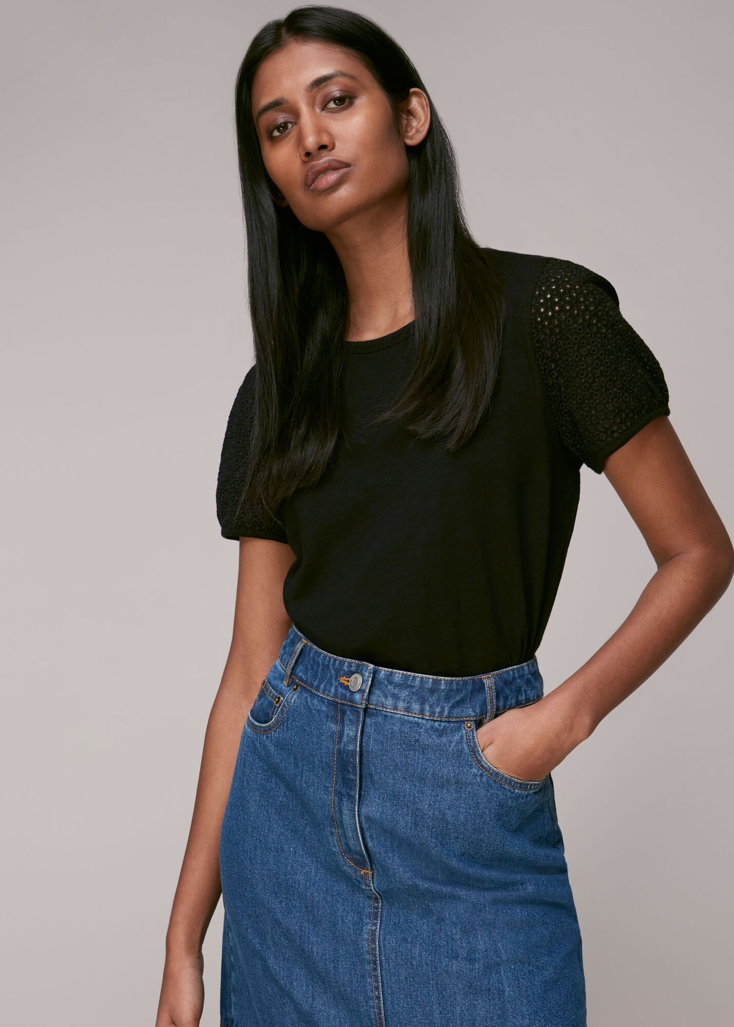 Black Broderie Puff Sleeve T-Shirt | WHISTLES