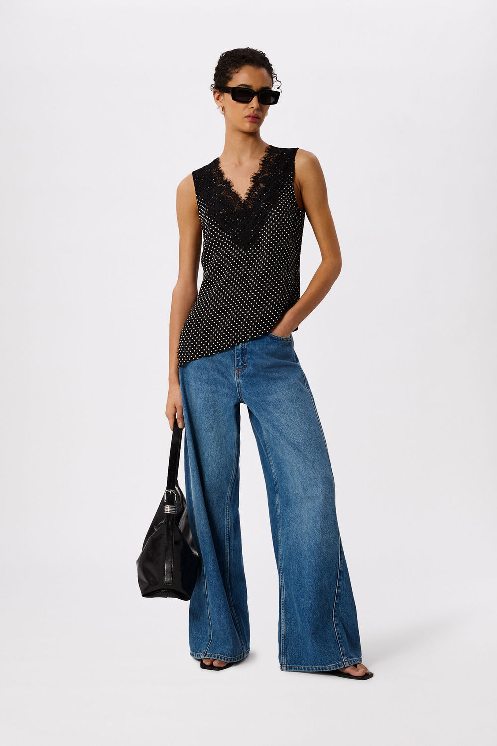 Black Mini Spot Lace Trim Top
