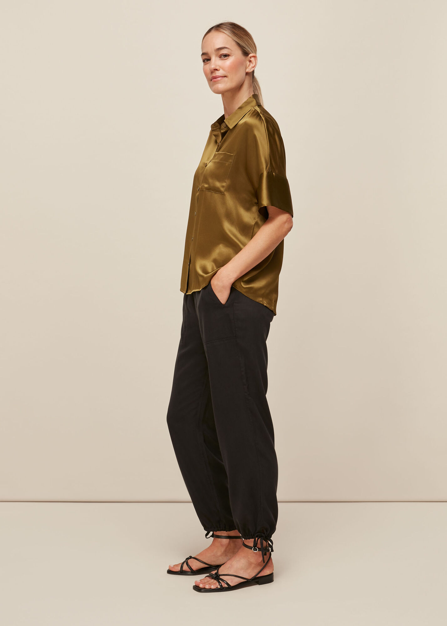 Olive Relaxed Silk Satin Shirt WHISTLES