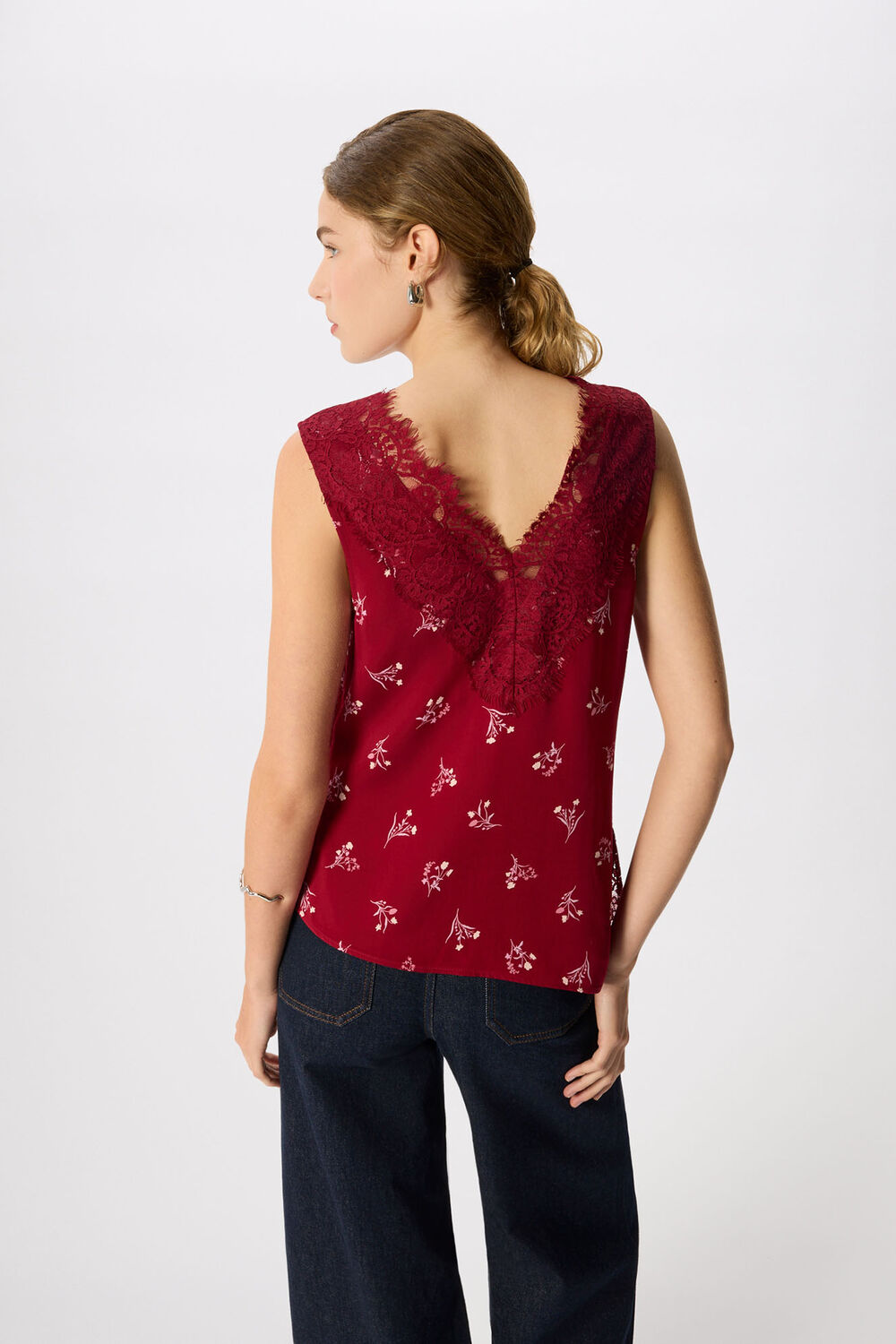 Burgundy Floral Lace Trim Top