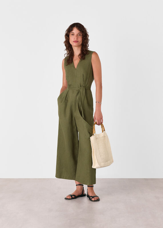 Khaki Belted Seamed Linen Jumpsuit