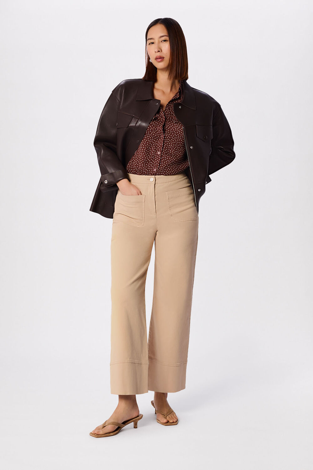 Brown Polka Dot Sheer Sleeve Shirt