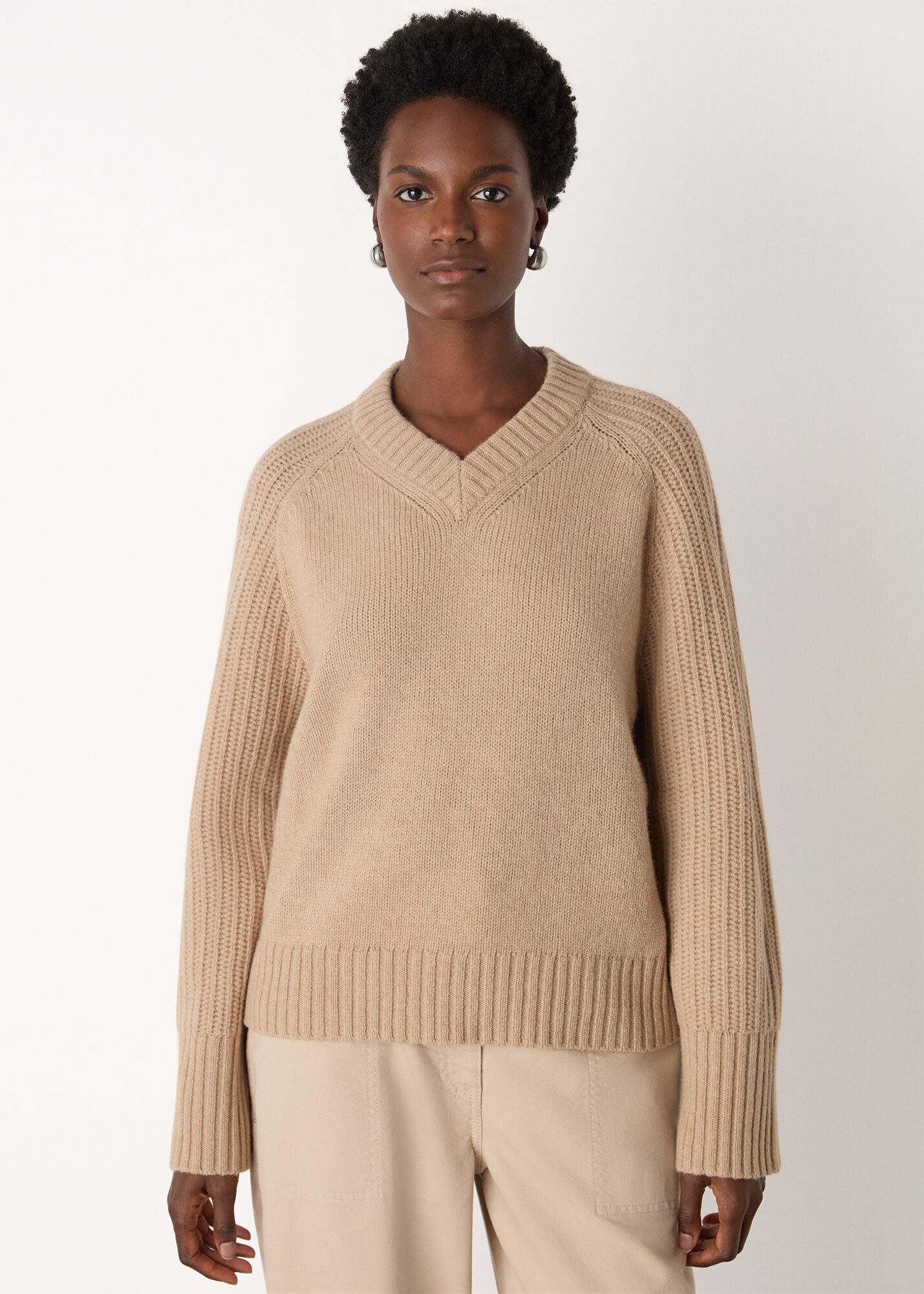 Camel Wool Ribbed Sleeve V Neck Knit | WHISTLES | Whistles US |