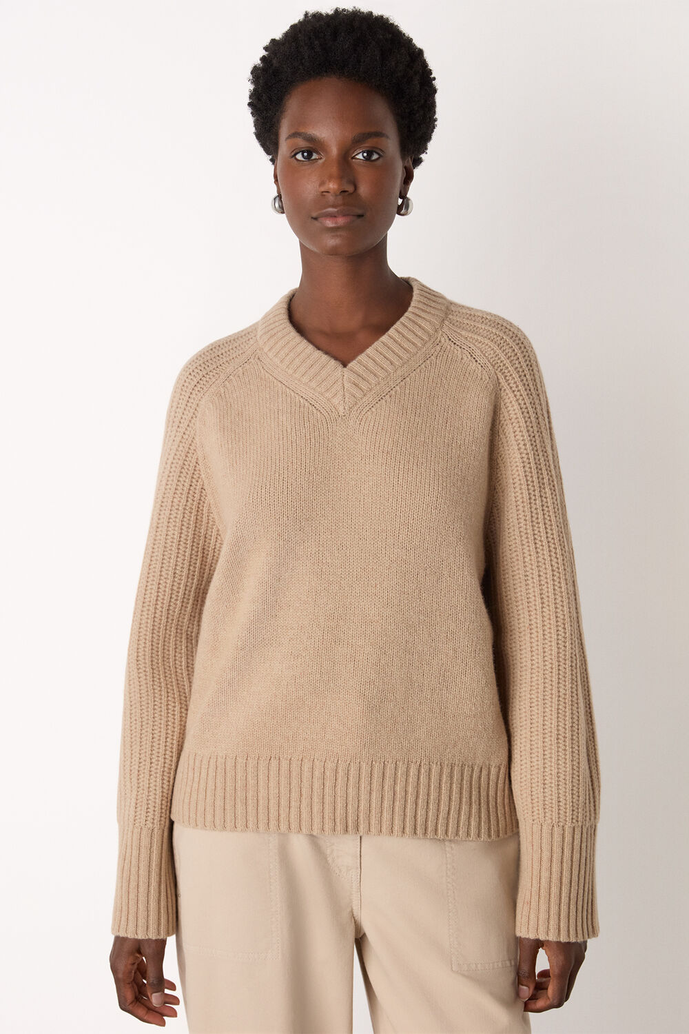 Camel Wool Ribbed Sleeve V Neck Knit