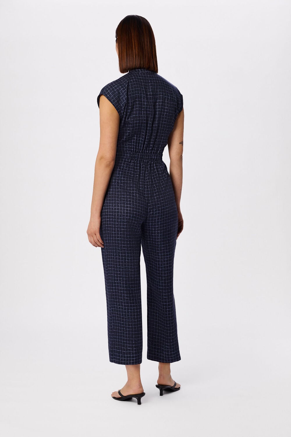 Blue Petite Grid Print Sleeveless Jumpsuit