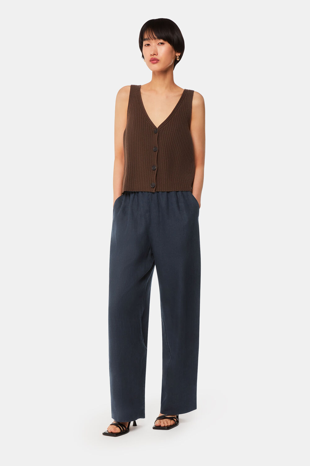 Navy Elasticated Linen Trouser