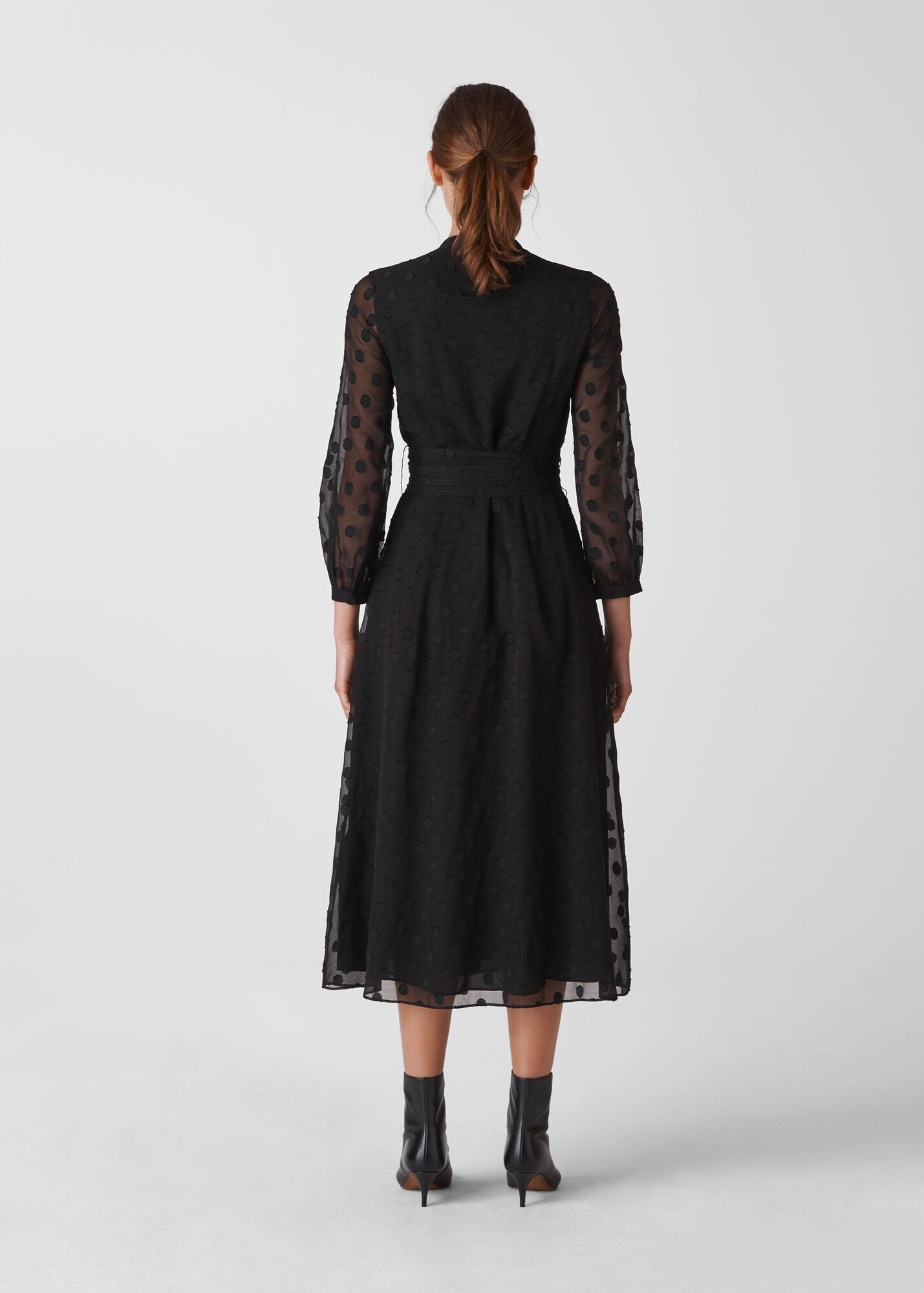 Black Dobby Tie Waist Midi Dress | WHISTLES | Whistles UK
