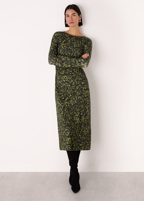 Green Animal Jersey Ruched Dress