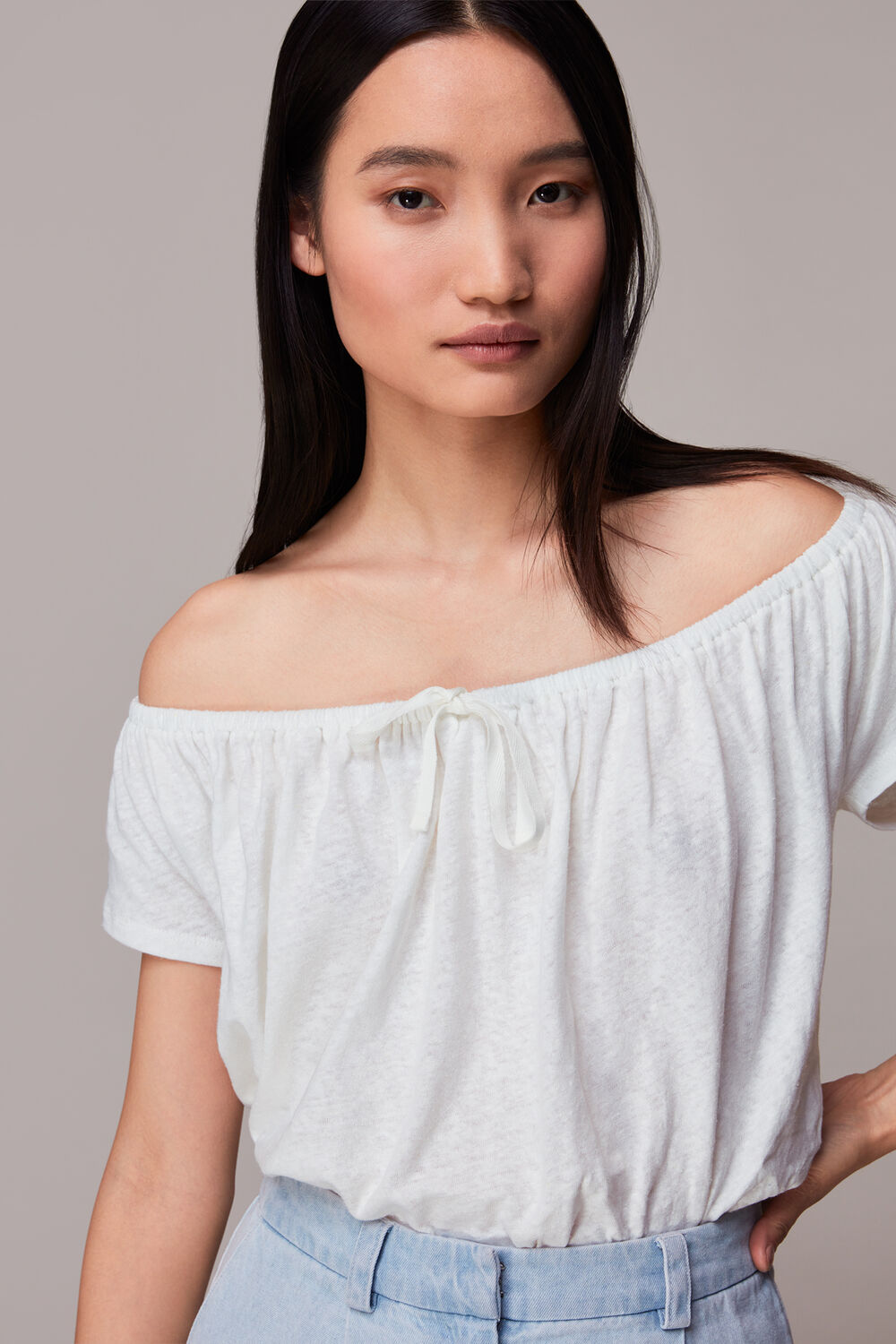 Drawstring Linen Bardot Top