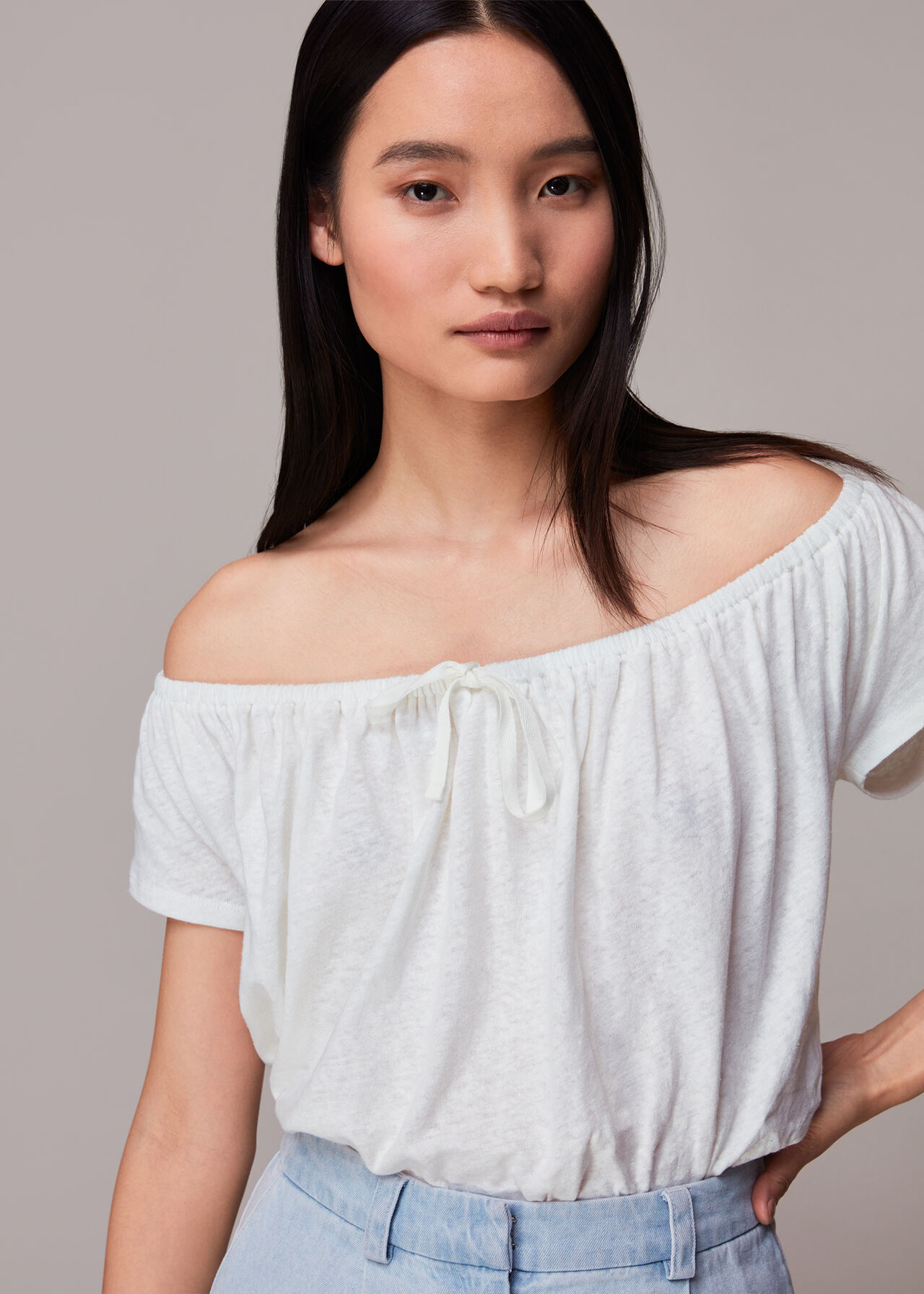 Drawstring Linen Bardot Top