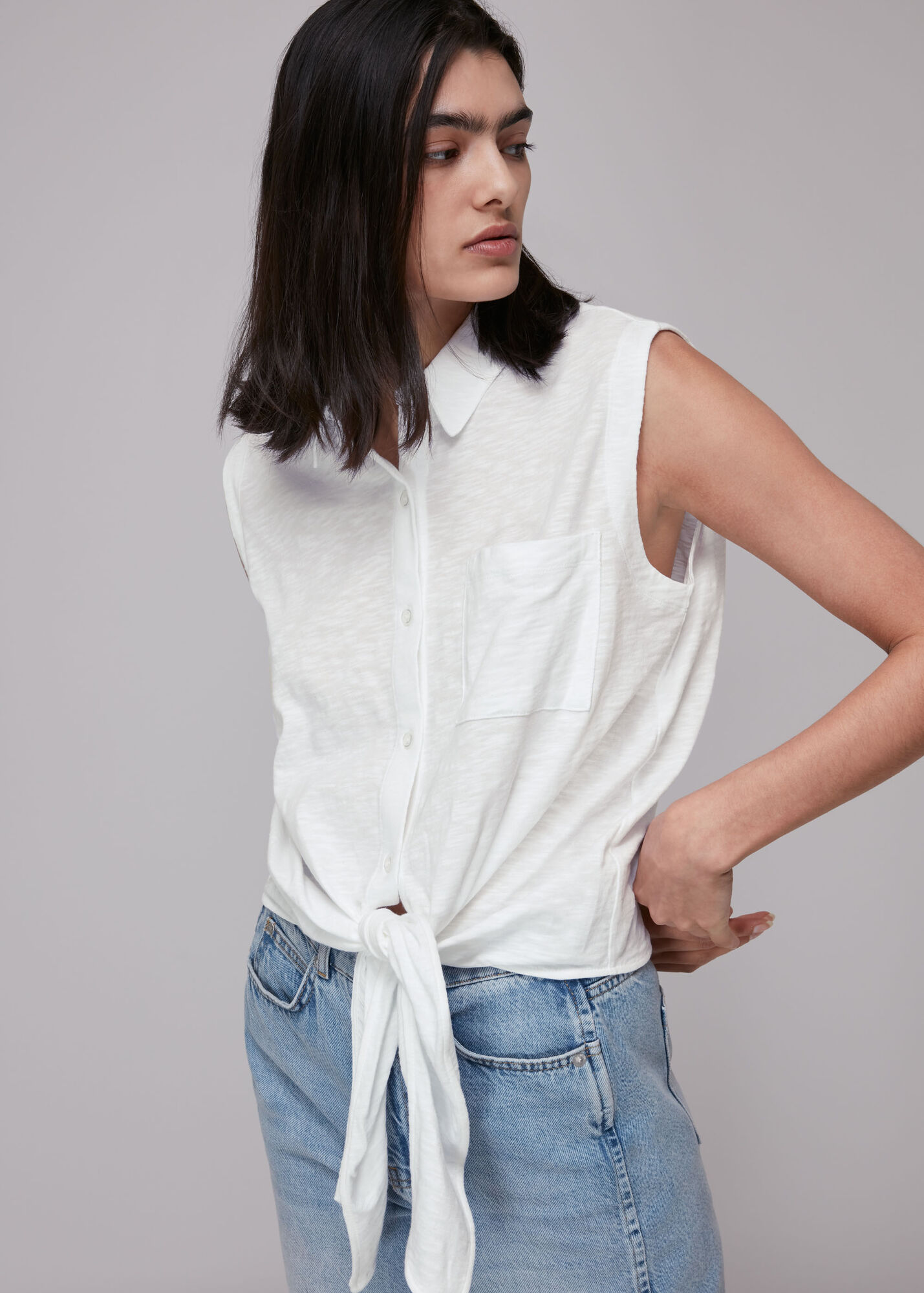 White Tie Front Sleeveless Shirt | WHISTLES | Whistles UK