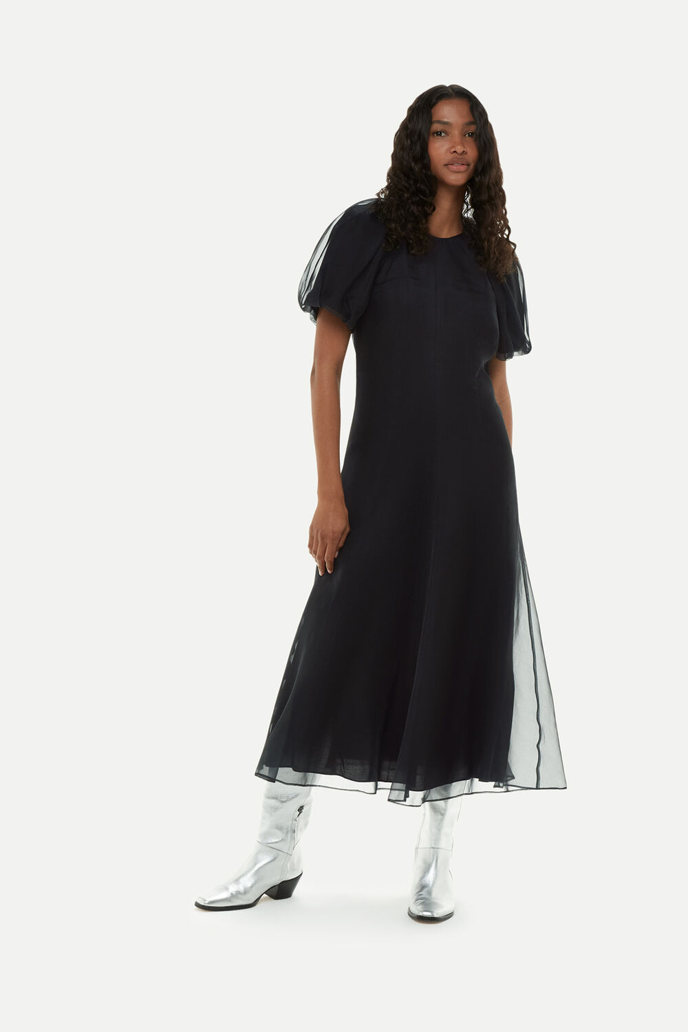 Black Organza Silk Puff Sleeve Dress