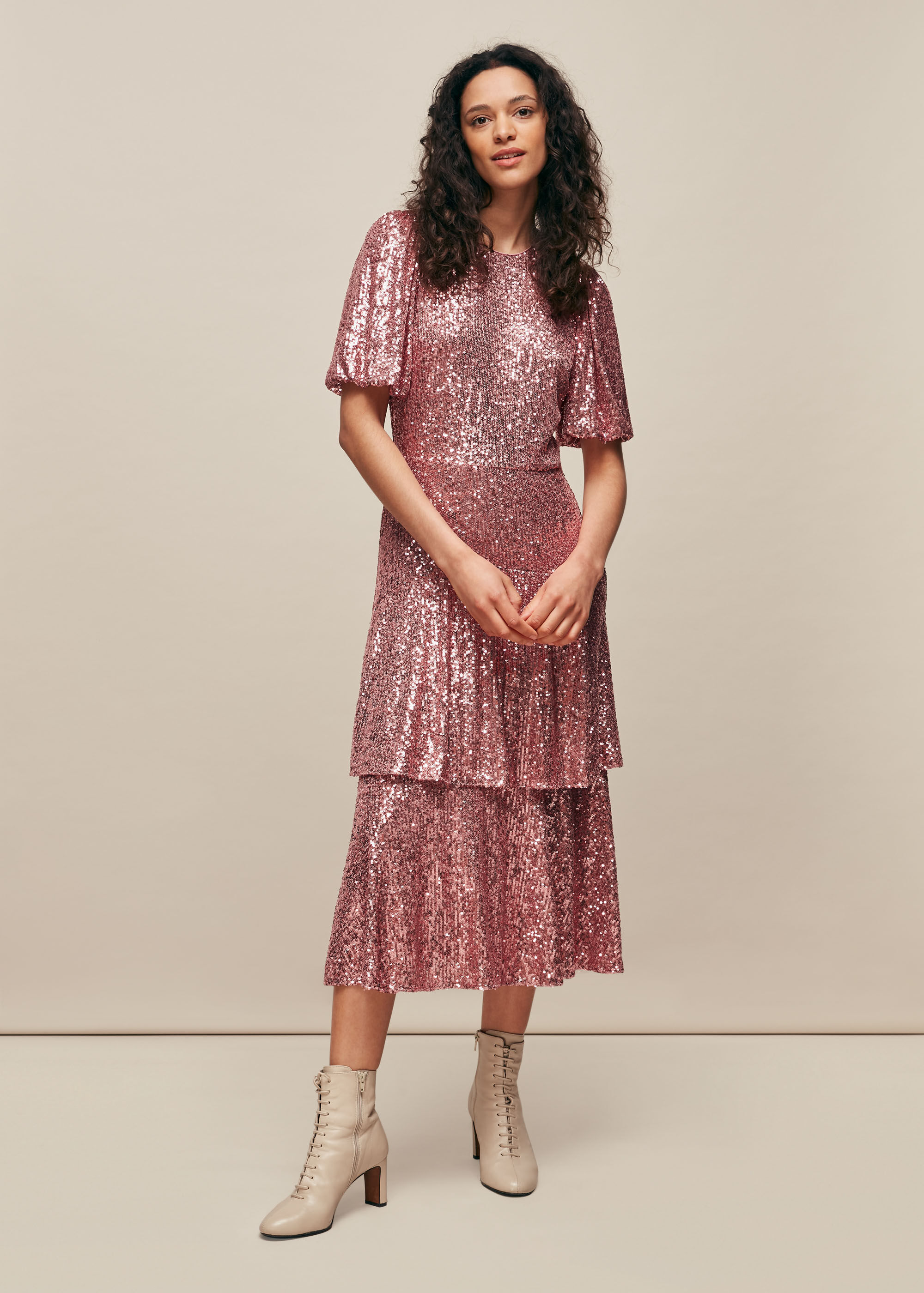 Pink sequin midi sales dress