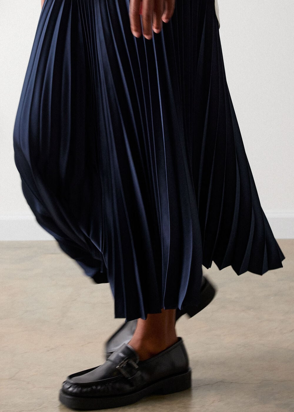 Navy Satin Pleated Midi Skirt