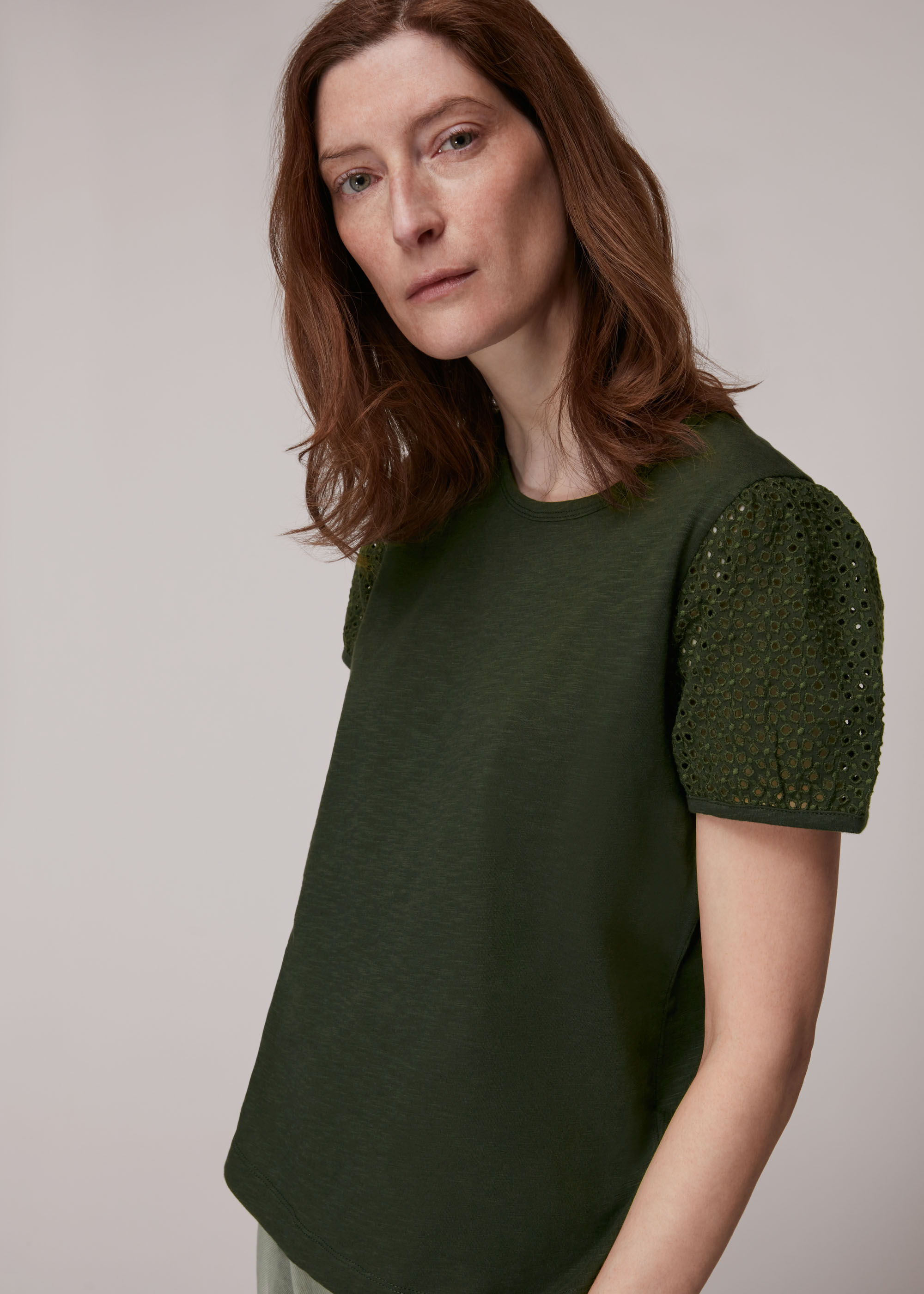 Khaki Broderie Puff Sleeve T Shirt
