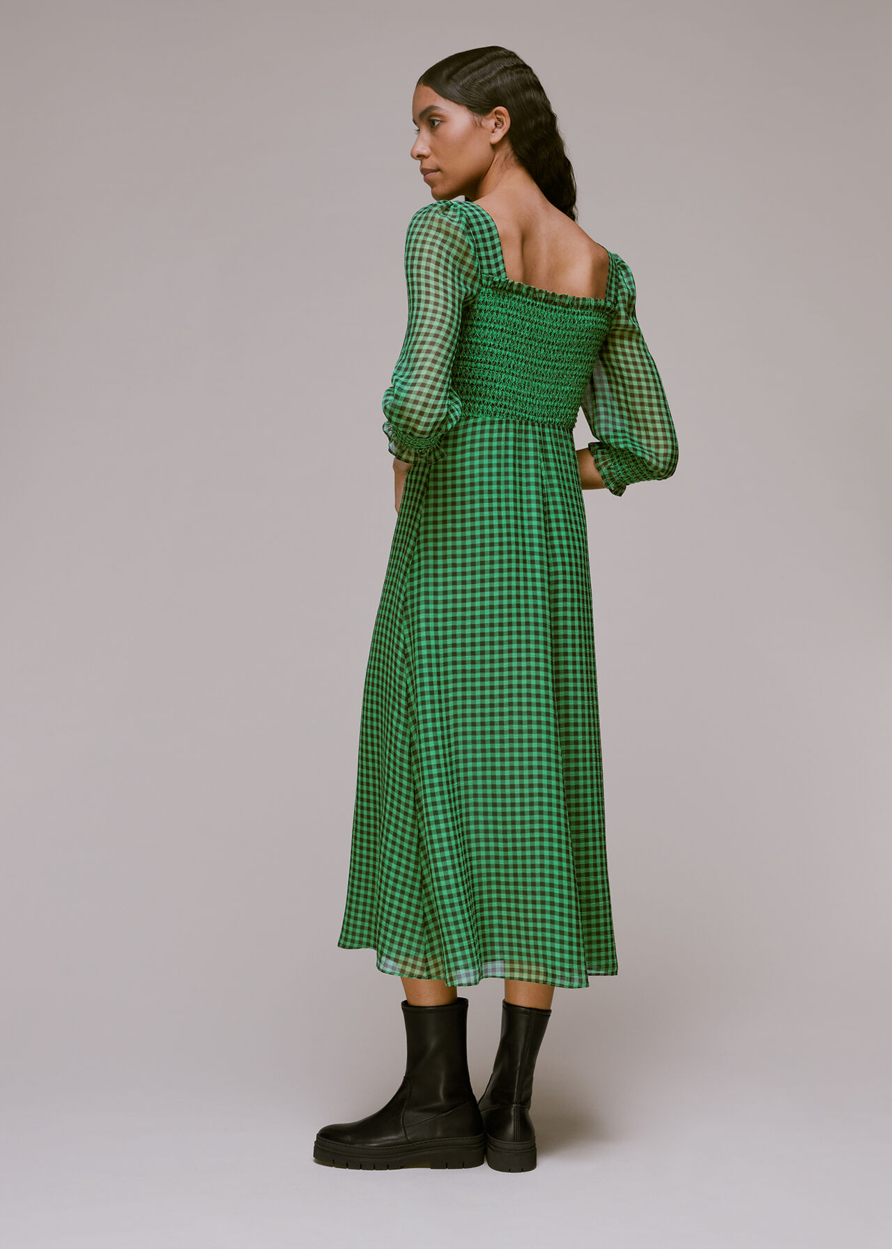 Whistles long sleeve maxi tea dress in neon green gingham