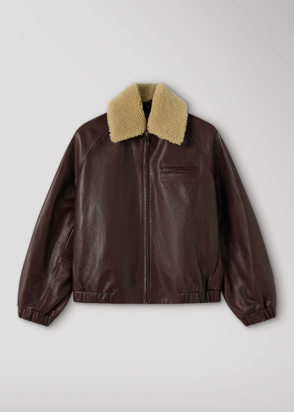Burgundy Shearling Trim Leather Bomber