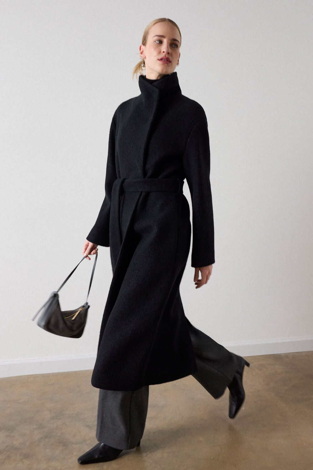 Black Morgana Wool Funnel Wrap Coat