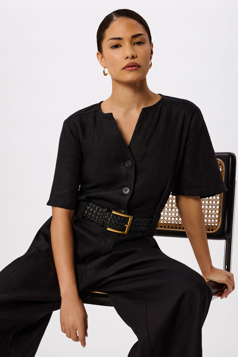 Black Petite Fiona Linen Button Jumpsuit