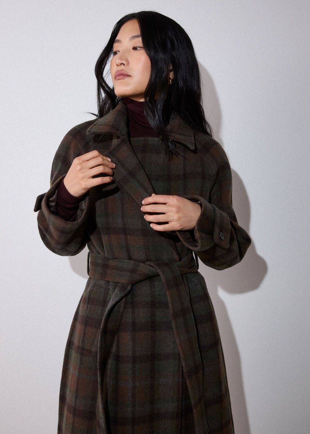 Khaki Funnel Neck Check Coat