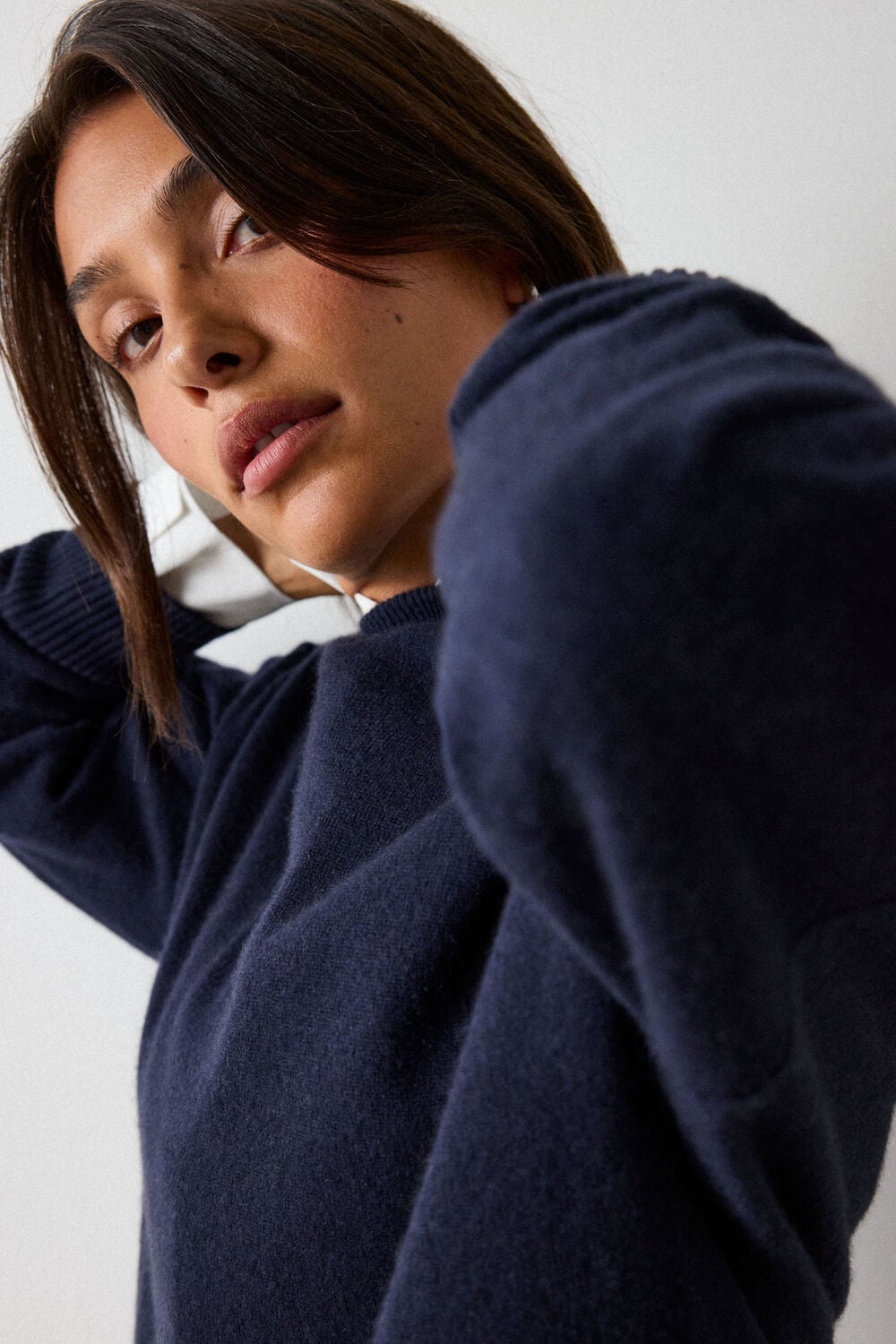 Navy Cashmere Seam Detail Crew Knit