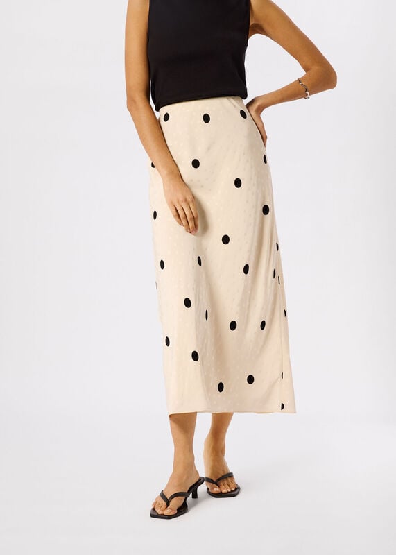Cream Jacquard Spot Satin Midi Skirt