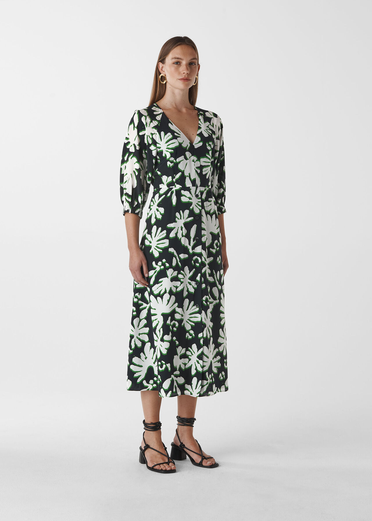 Palm Leaf Print Silk Dress Green/Multi