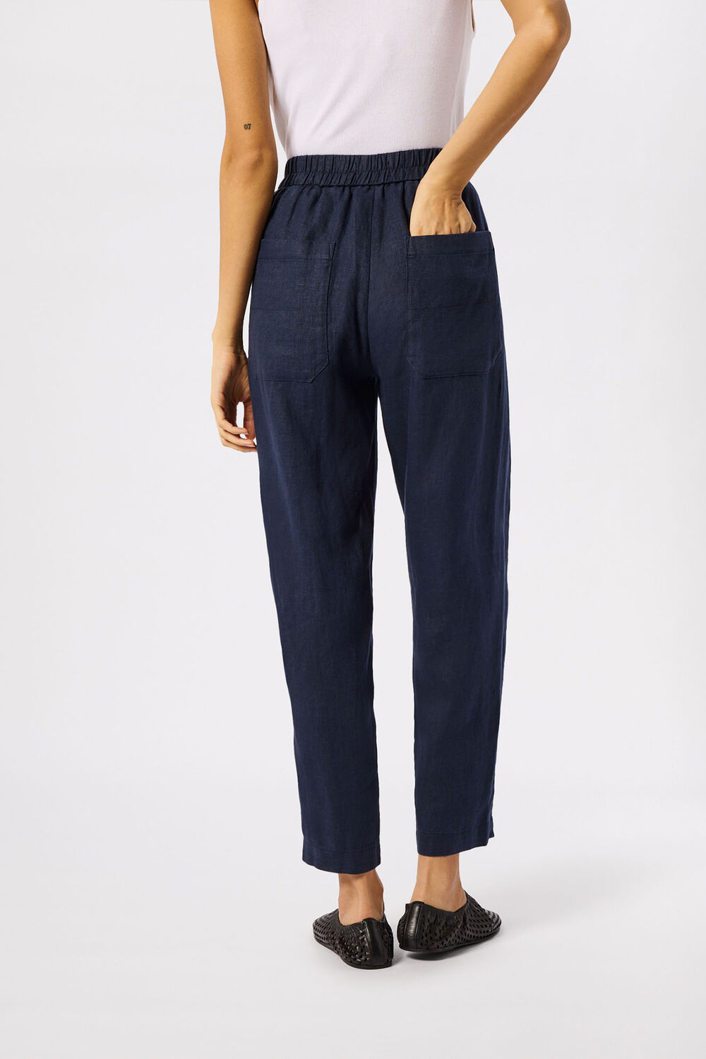 Navy Petite Linen Barrel Leg Trouser