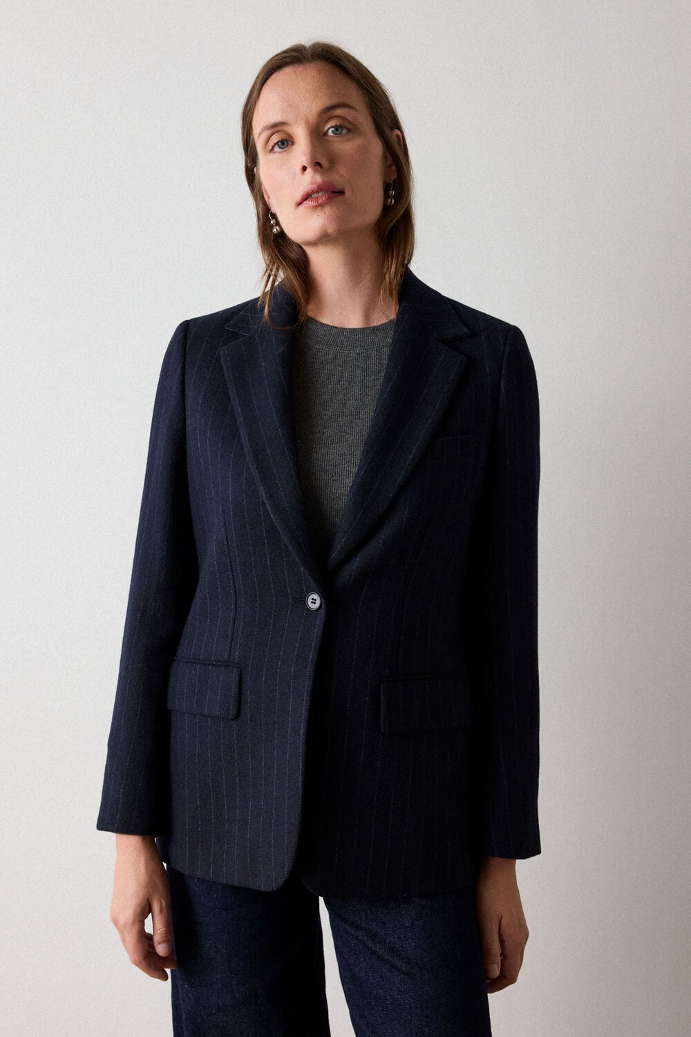 Navy Petite Pinstripe Wool Blend Blazer