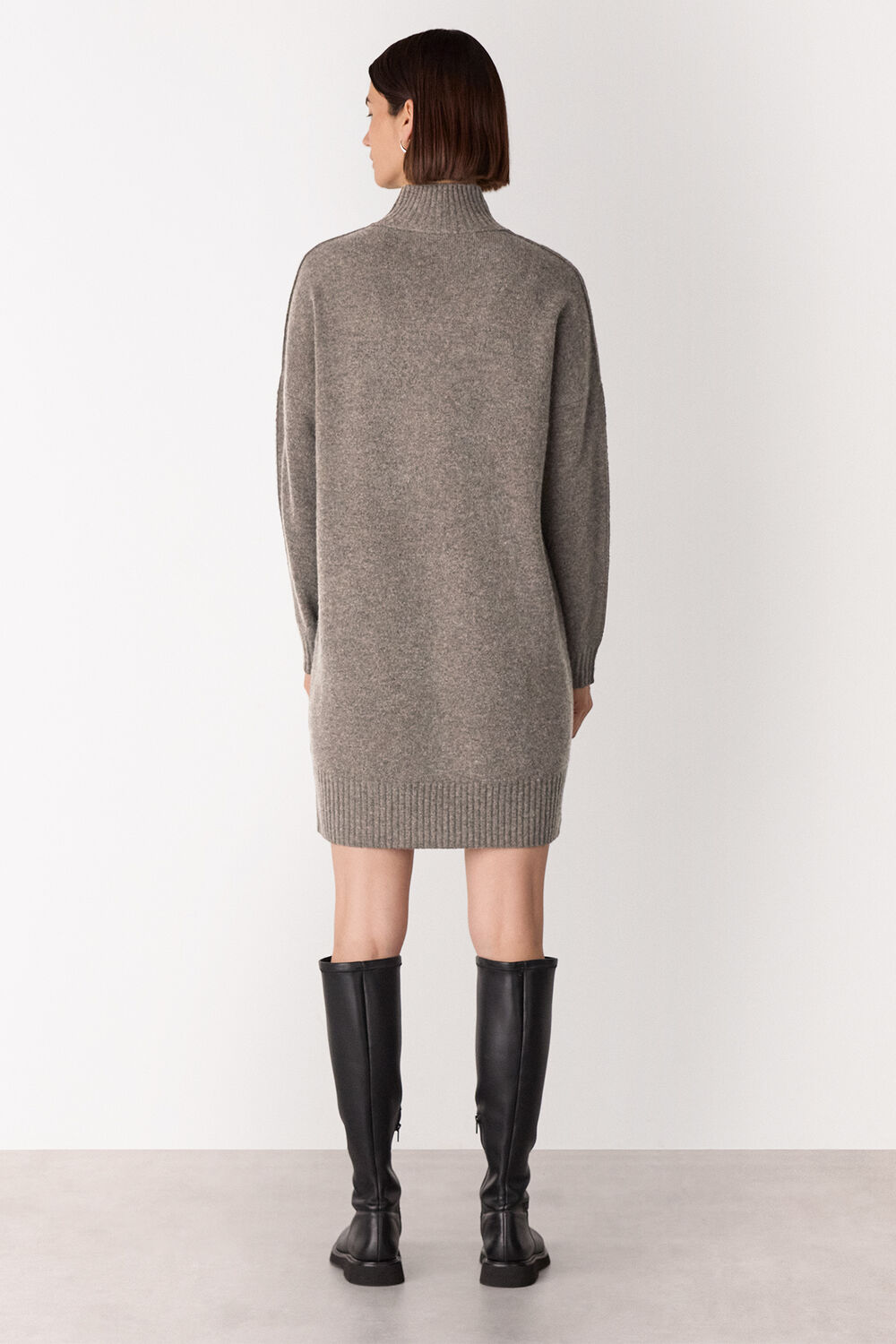 Taupe Funnel Neck Wool Mini Dress