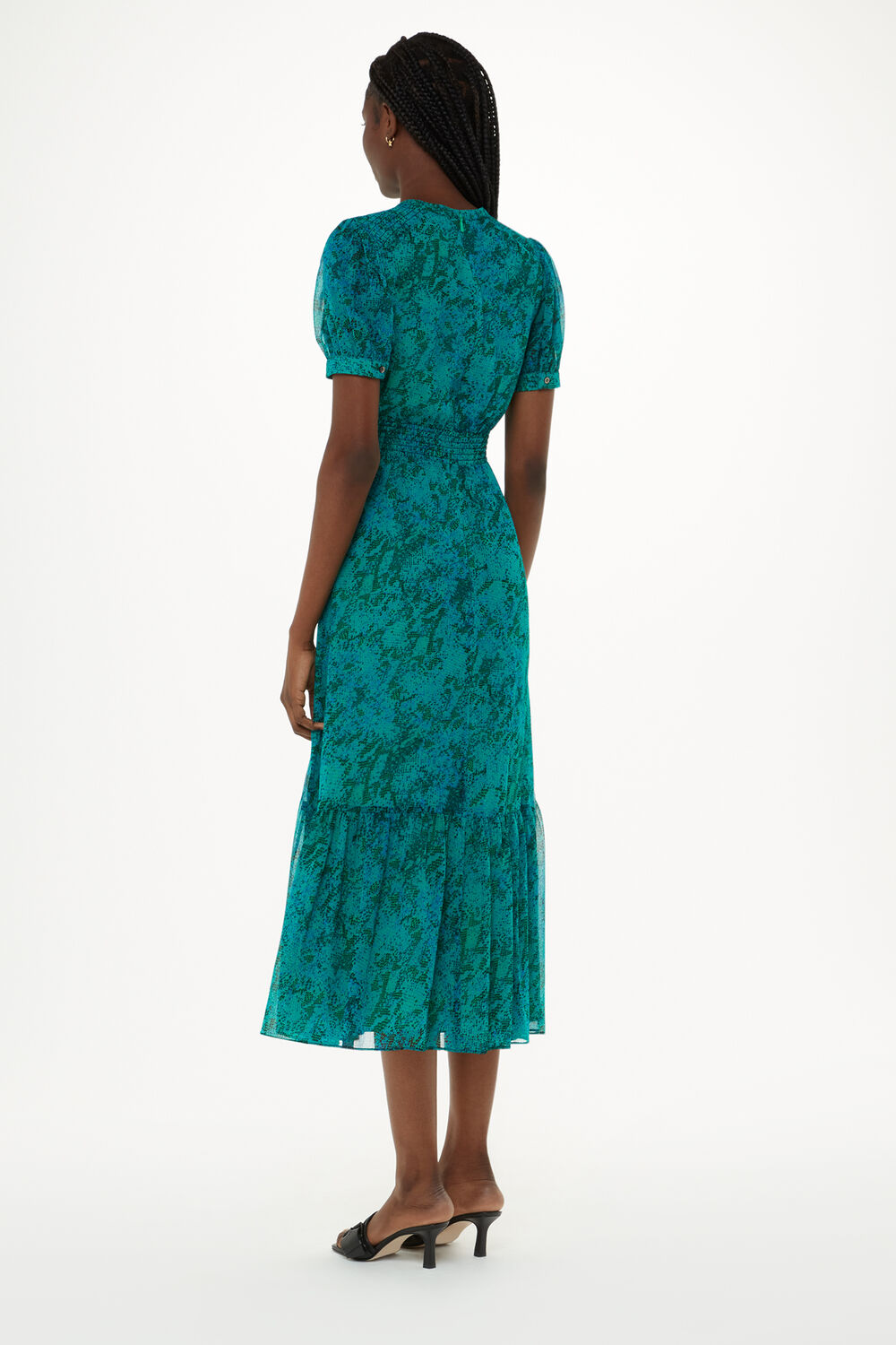 Teal Diagonal Snake Shirred Dress
