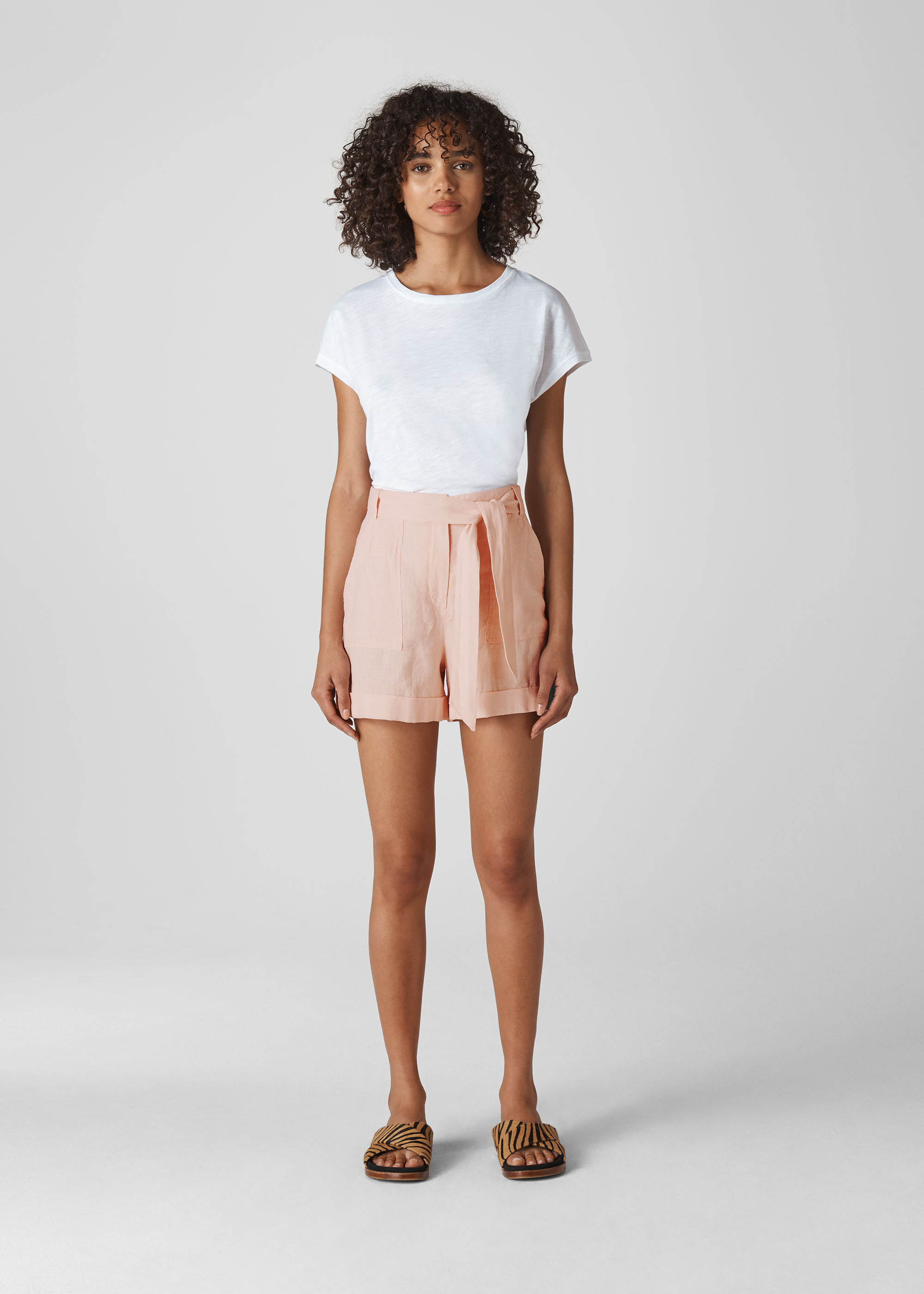 Pink linen shorts hot sale