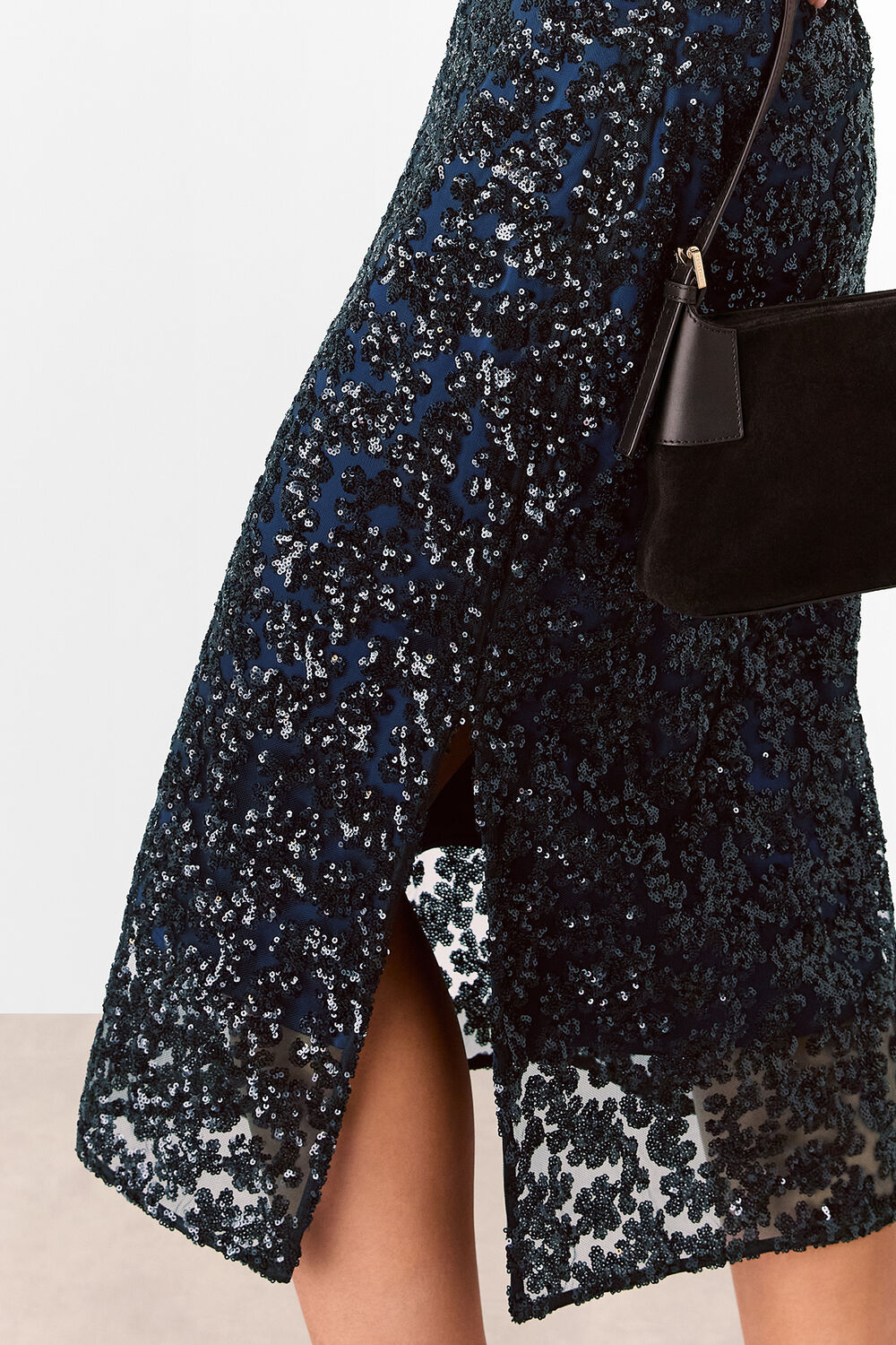 Black Floral Sequin Midi Skirt