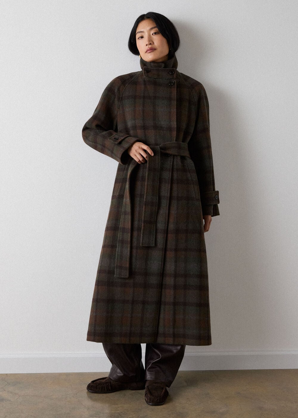 Khaki Funnel Neck Check Coat