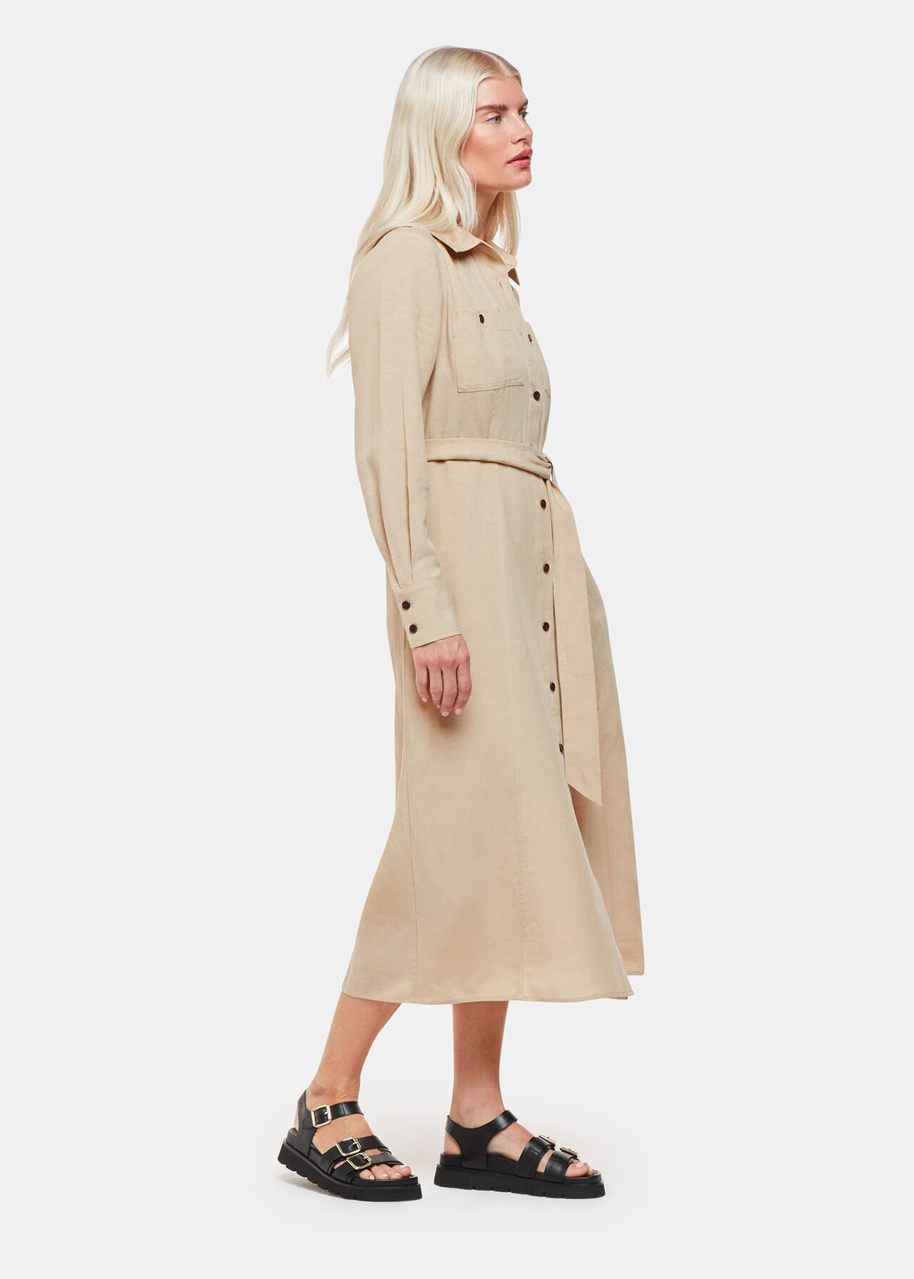 Midi shirt dress with belt - Beige